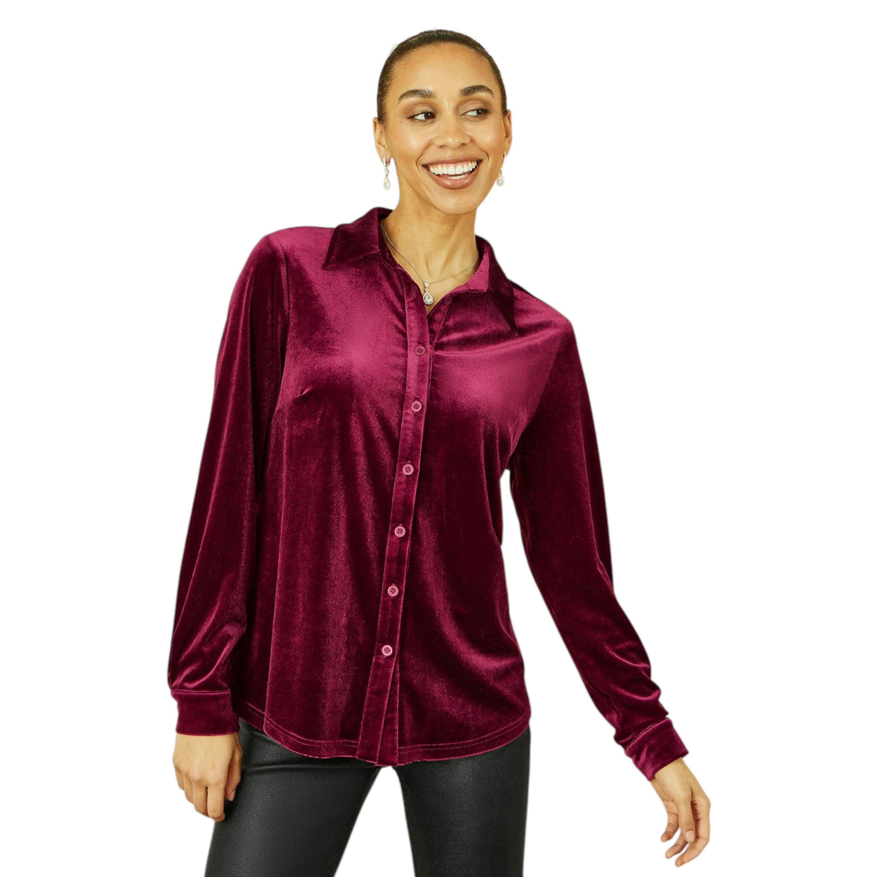 Yumi Burgundy Velvet Relaxed Fit Shirt , view 1 of 5