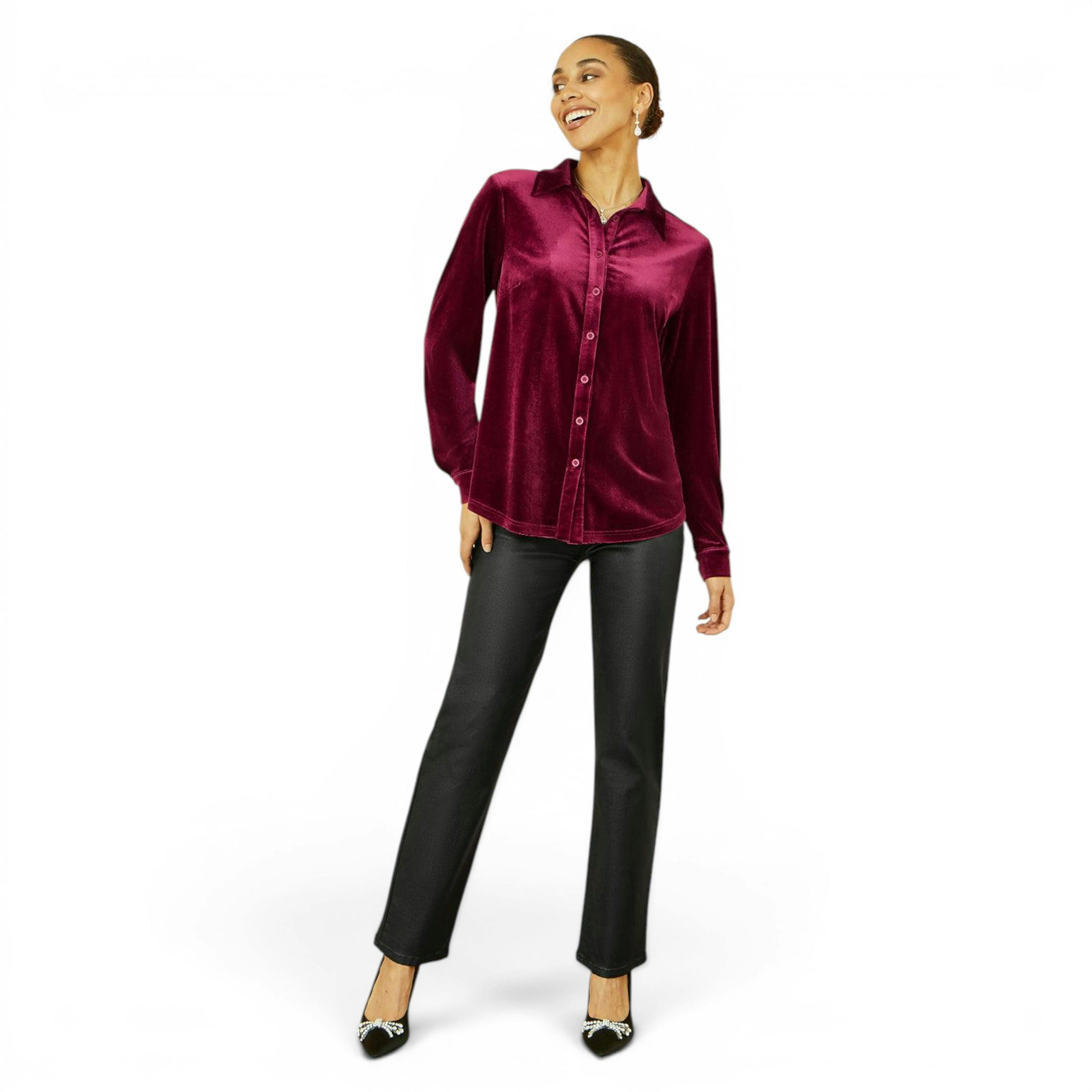 Yumi Burgundy Velvet Relaxed Fit Shirt , view 2 of 5