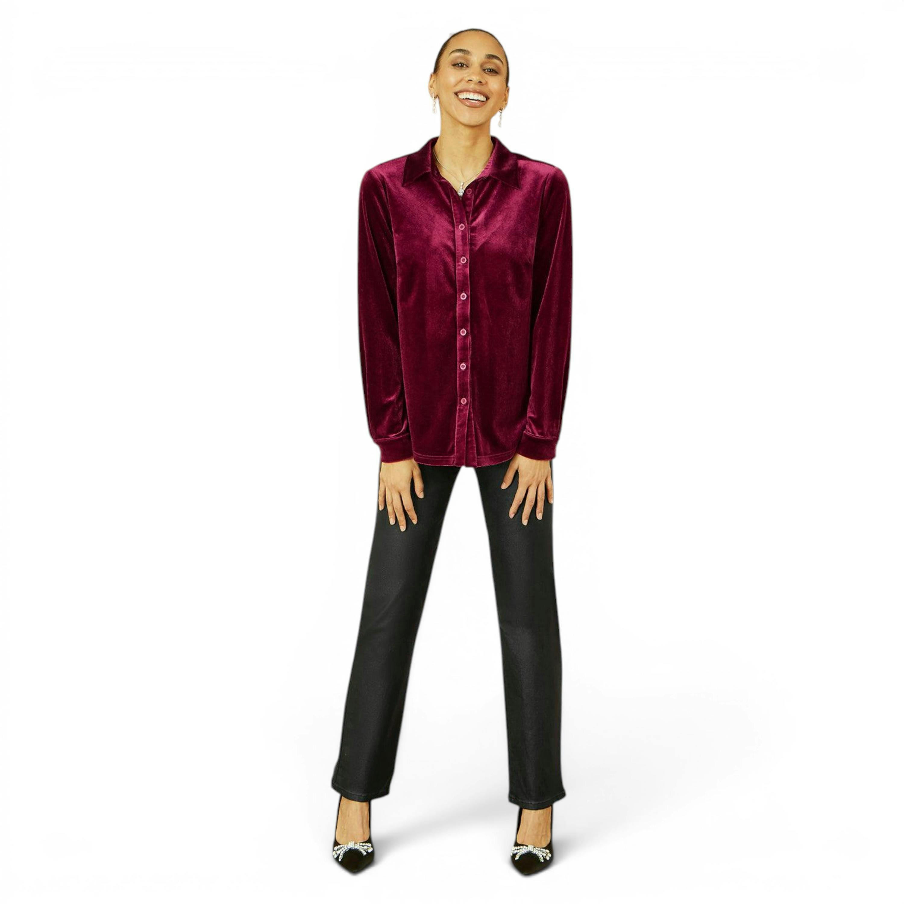 Yumi Burgundy Velvet Relaxed Fit Shirt , view 4 of 5