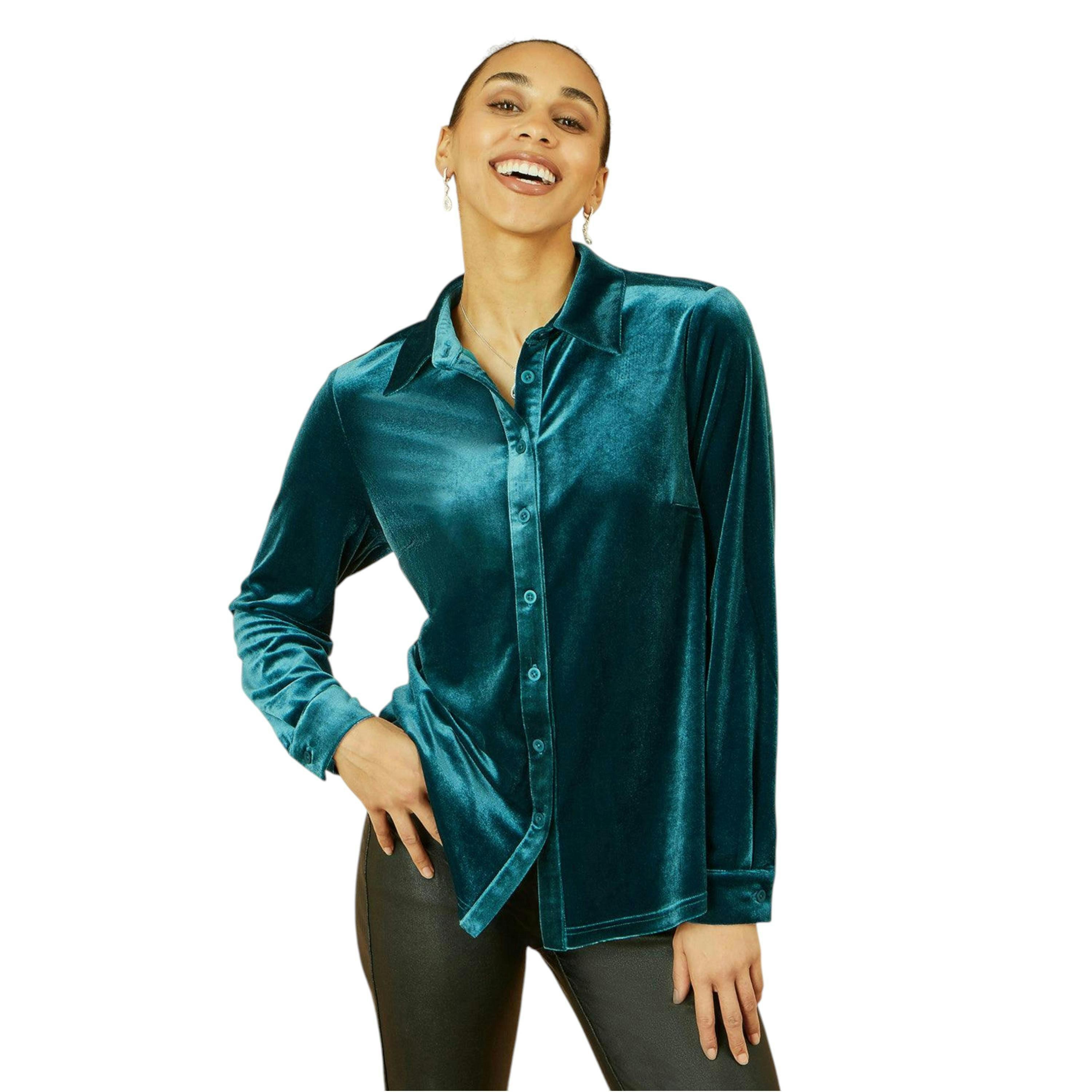 Yumi Teal Velvet Relaxed Fit Shirt , view 1 of 5