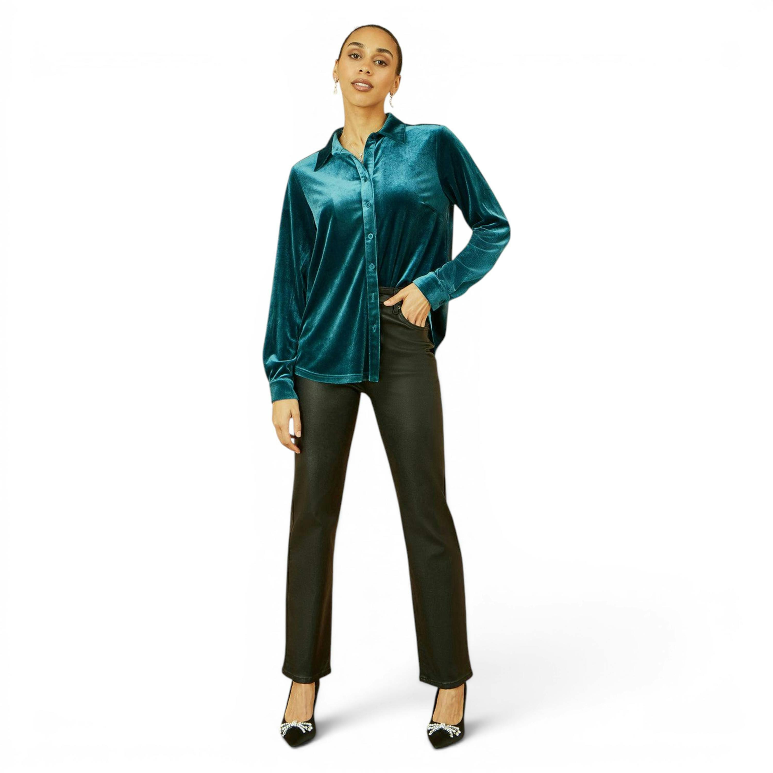 Yumi Teal Velvet Relaxed Fit Shirt , view 2 of 5