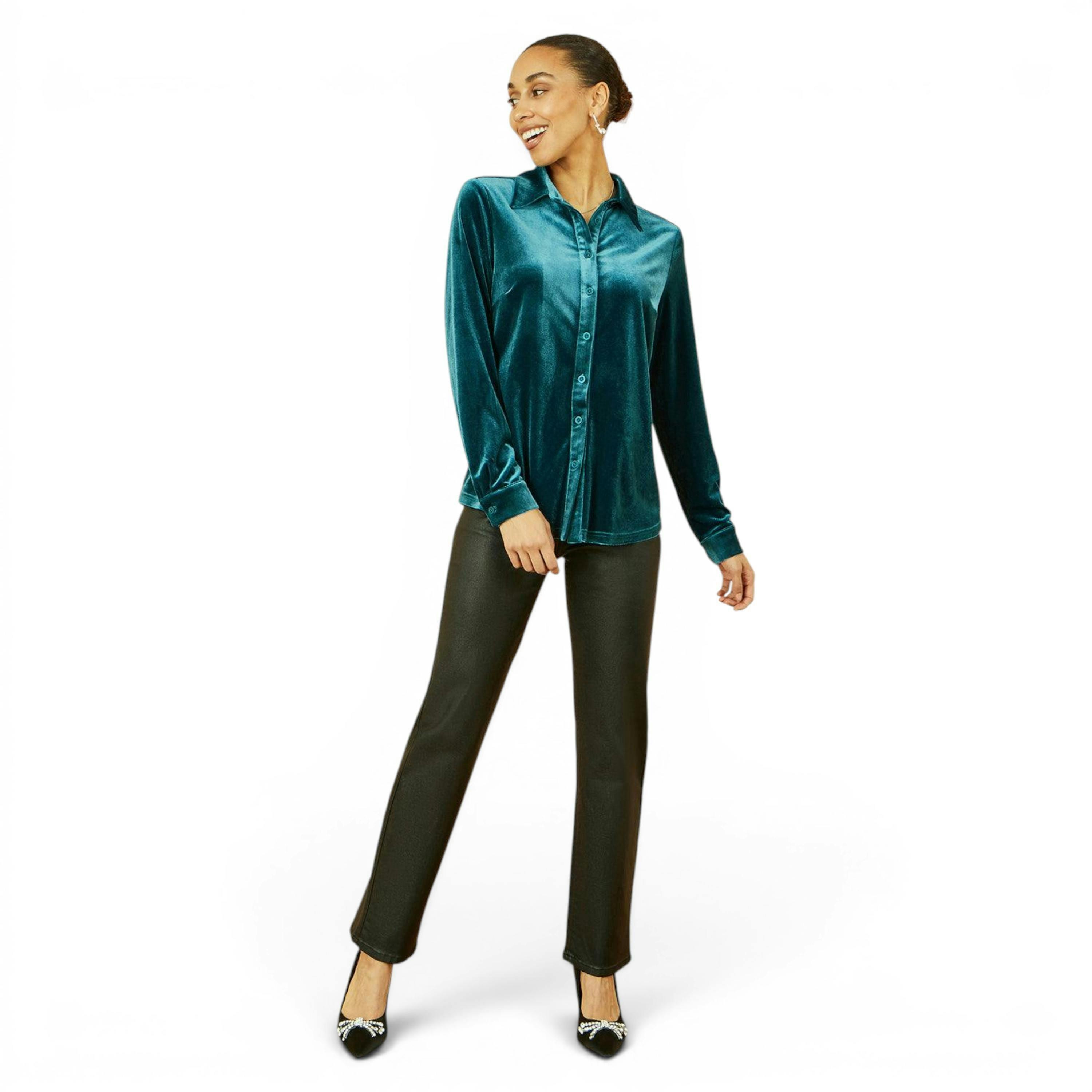 Yumi Teal Velvet Relaxed Fit Shirt , view 4 of 5