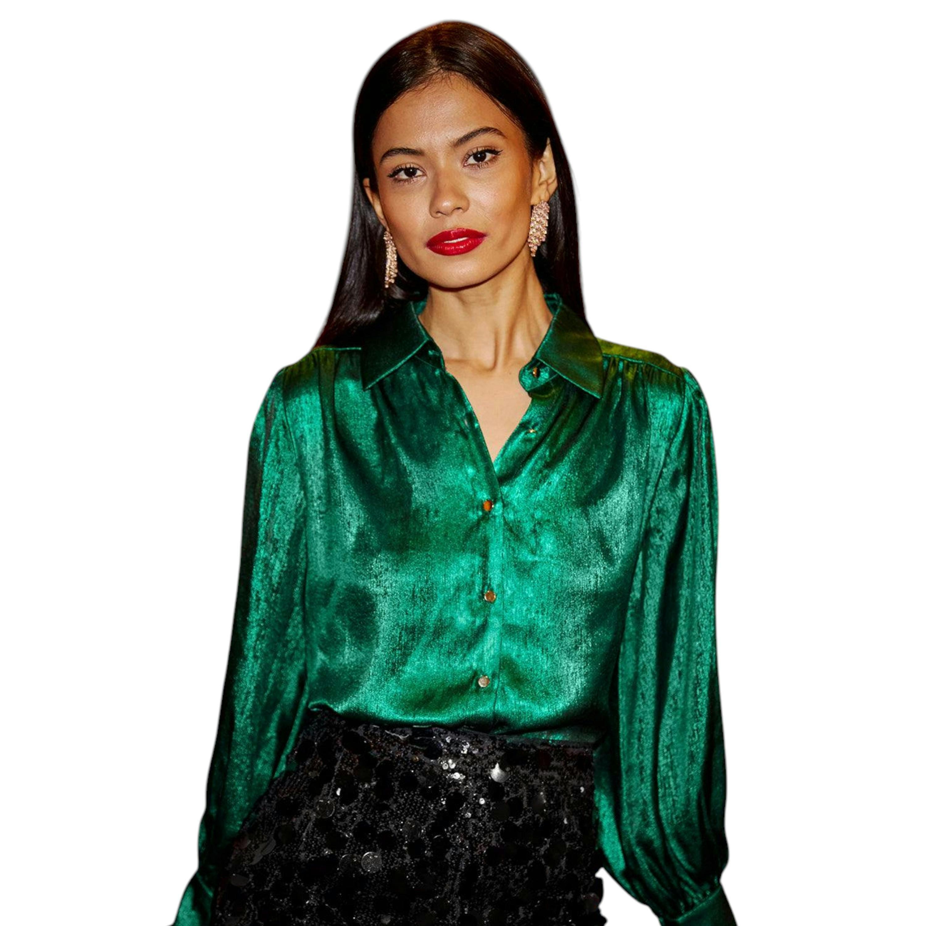Yumi Green Metallic Relaxed Balloon Sleeve Shirt , view 3 of 6