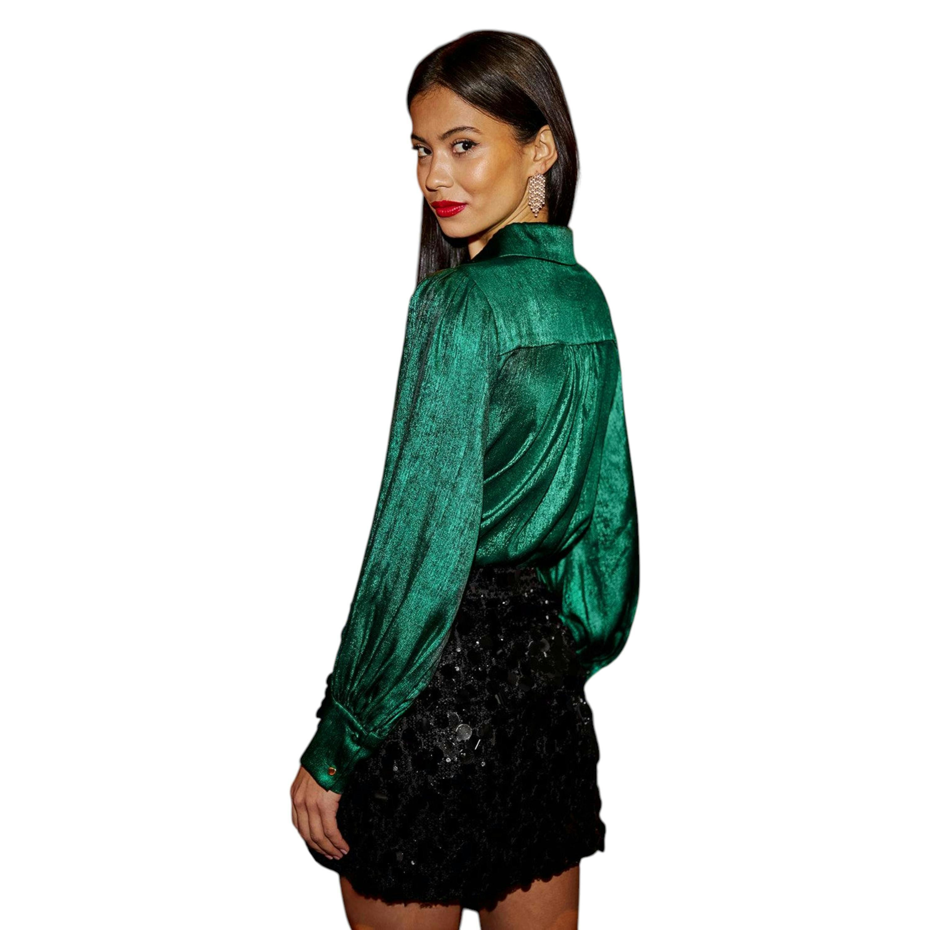 Yumi Green Metallic Relaxed Balloon Sleeve Shirt , view 5 of 6