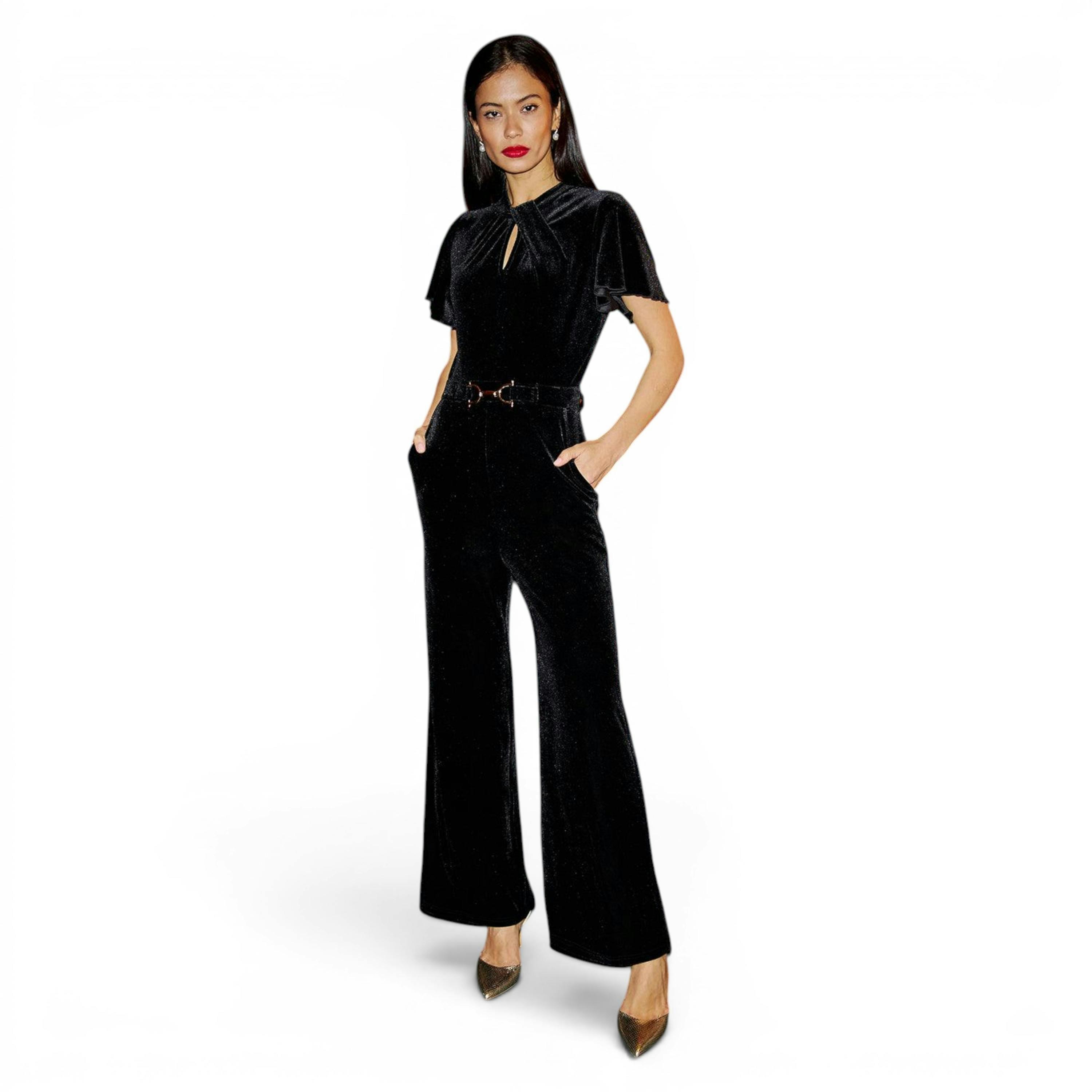 Yumi Black Velvet Jumpsuit With Twist Neckline And Buckle Belt , view 1 of 6
