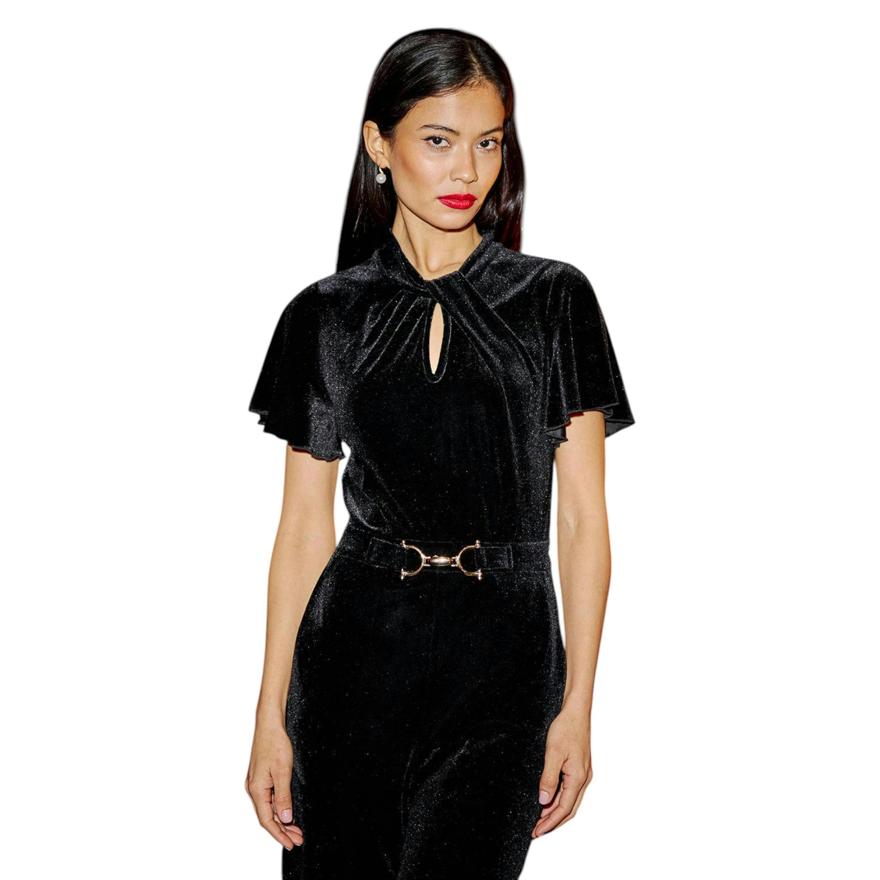 Yumi Black Velvet Jumpsuit With Twist Neckline And Buckle Belt , view 2 of 6