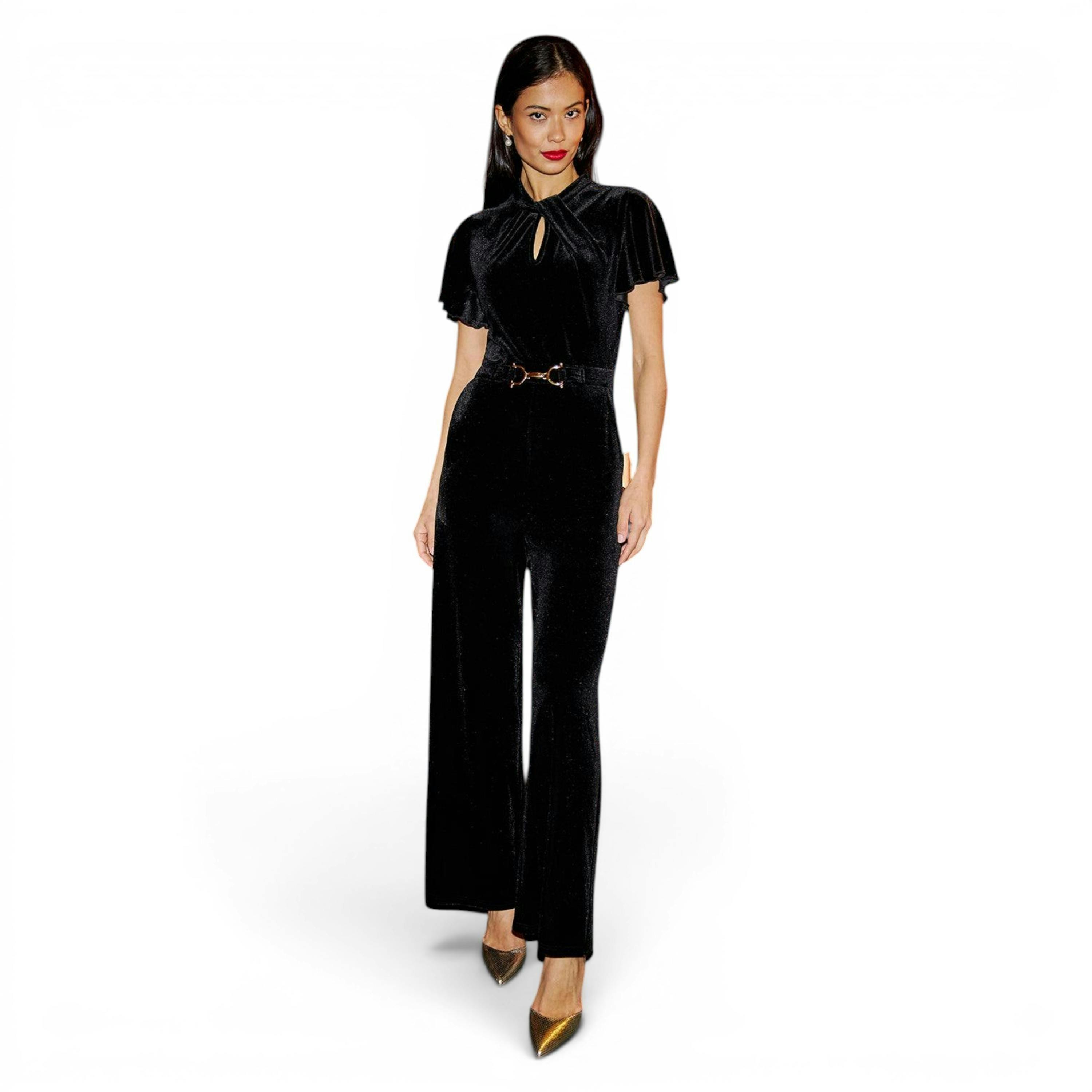 Yumi Black Velvet Jumpsuit With Twist Neckline And Buckle Belt , view 3 of 6