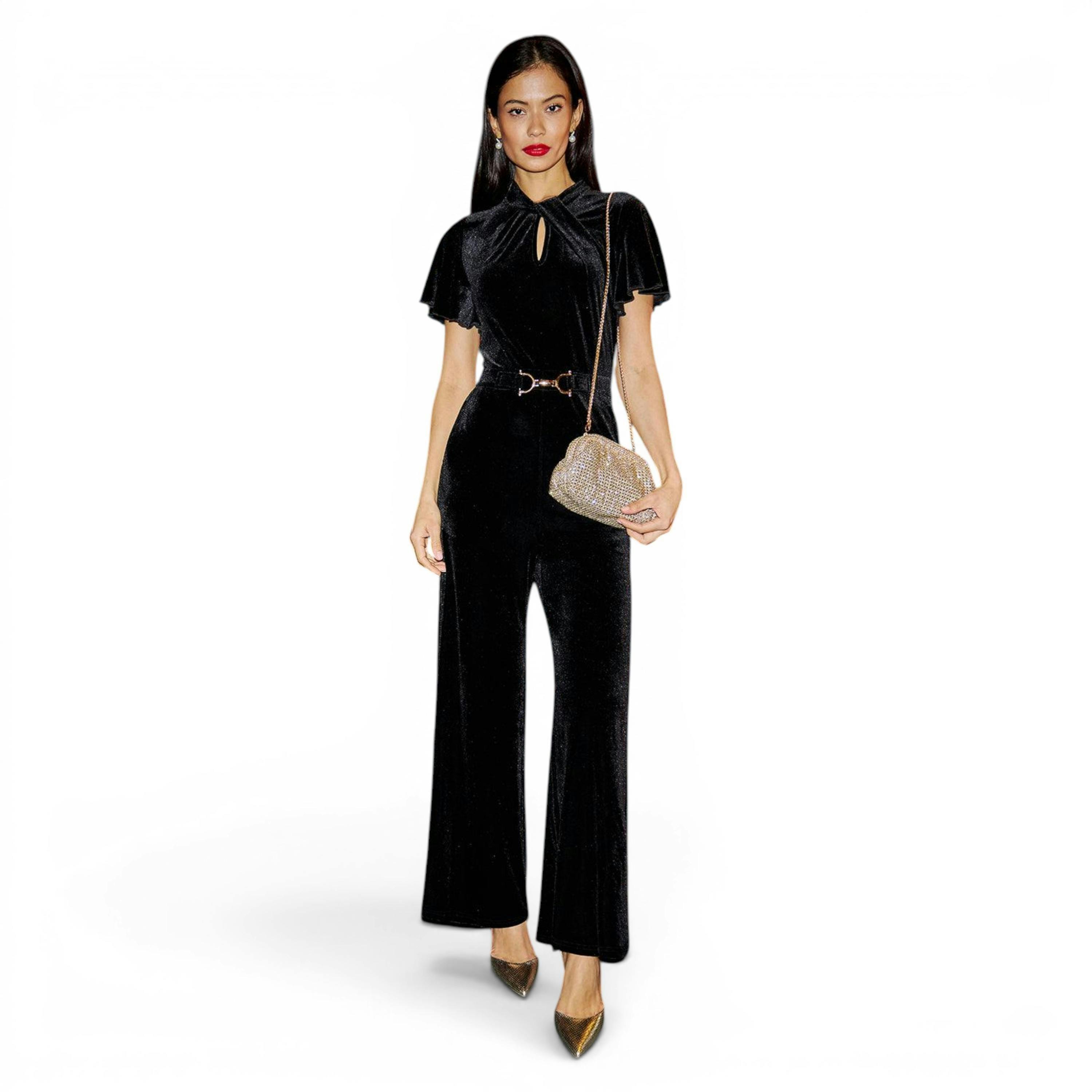 Yumi Black Velvet Jumpsuit With Twist Neckline And Buckle Belt , view 4 of 6