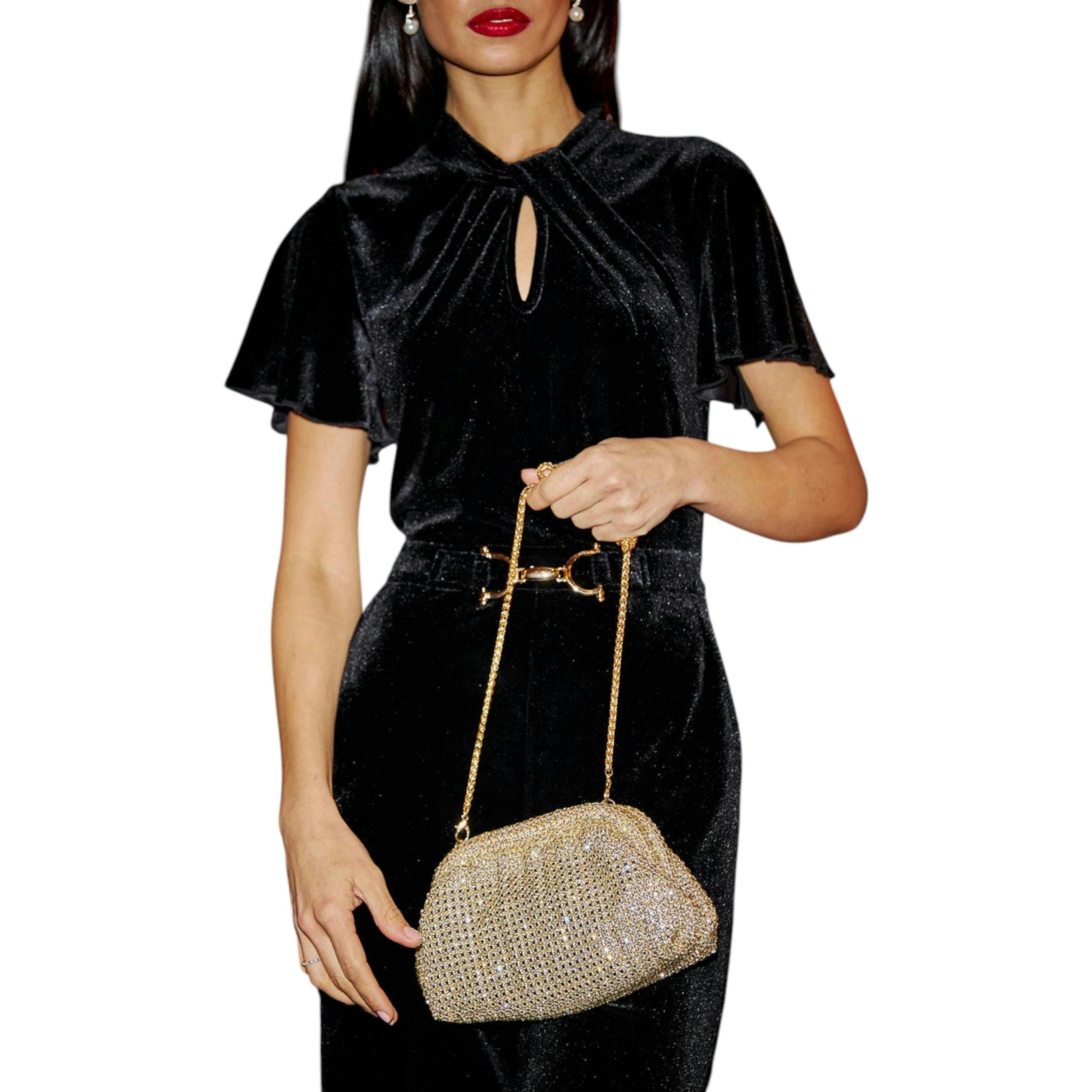 Yumi Black Velvet Jumpsuit With Twist Neckline And Buckle Belt , view 5 of 6
