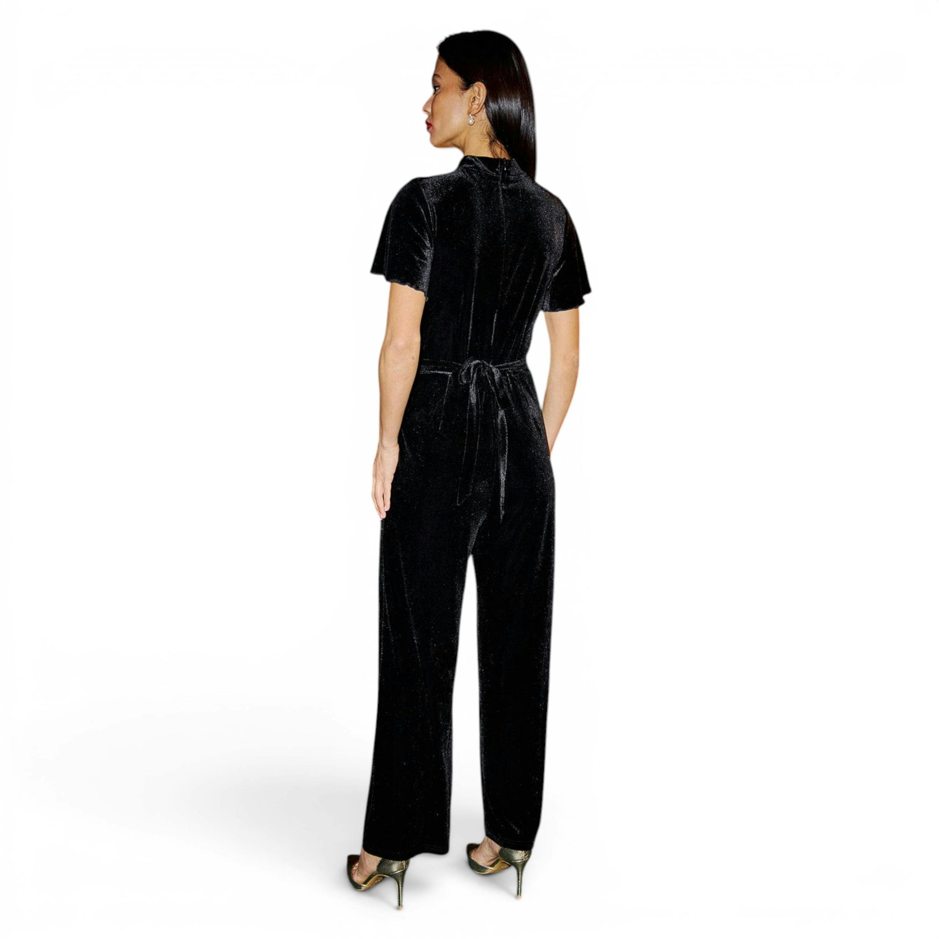 Yumi Black Velvet Jumpsuit With Twist Neckline And Buckle Belt , view 6 of 6