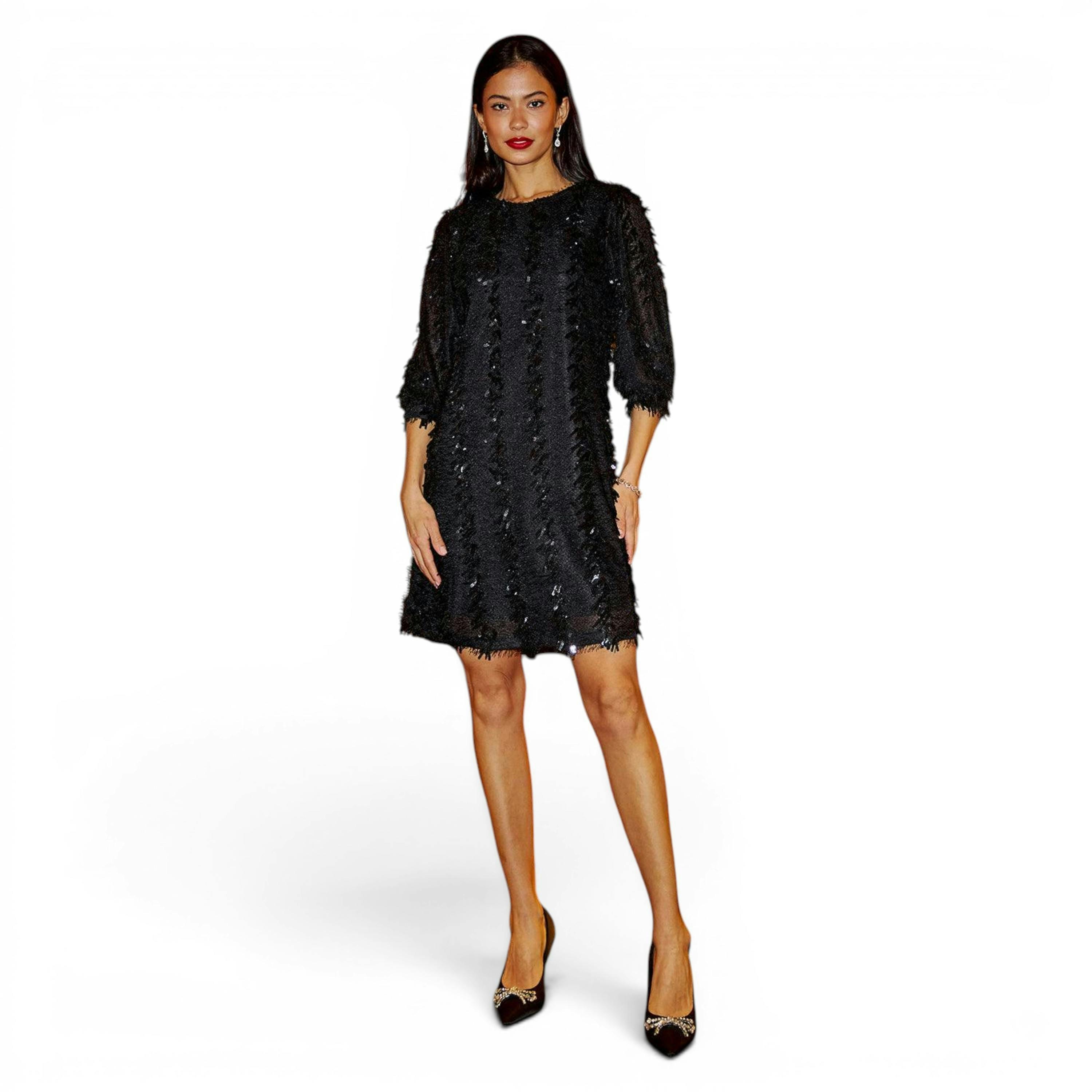 Yumi Black Hanging Sequin Tunic With Balloon Sleeves , view 2 of 6