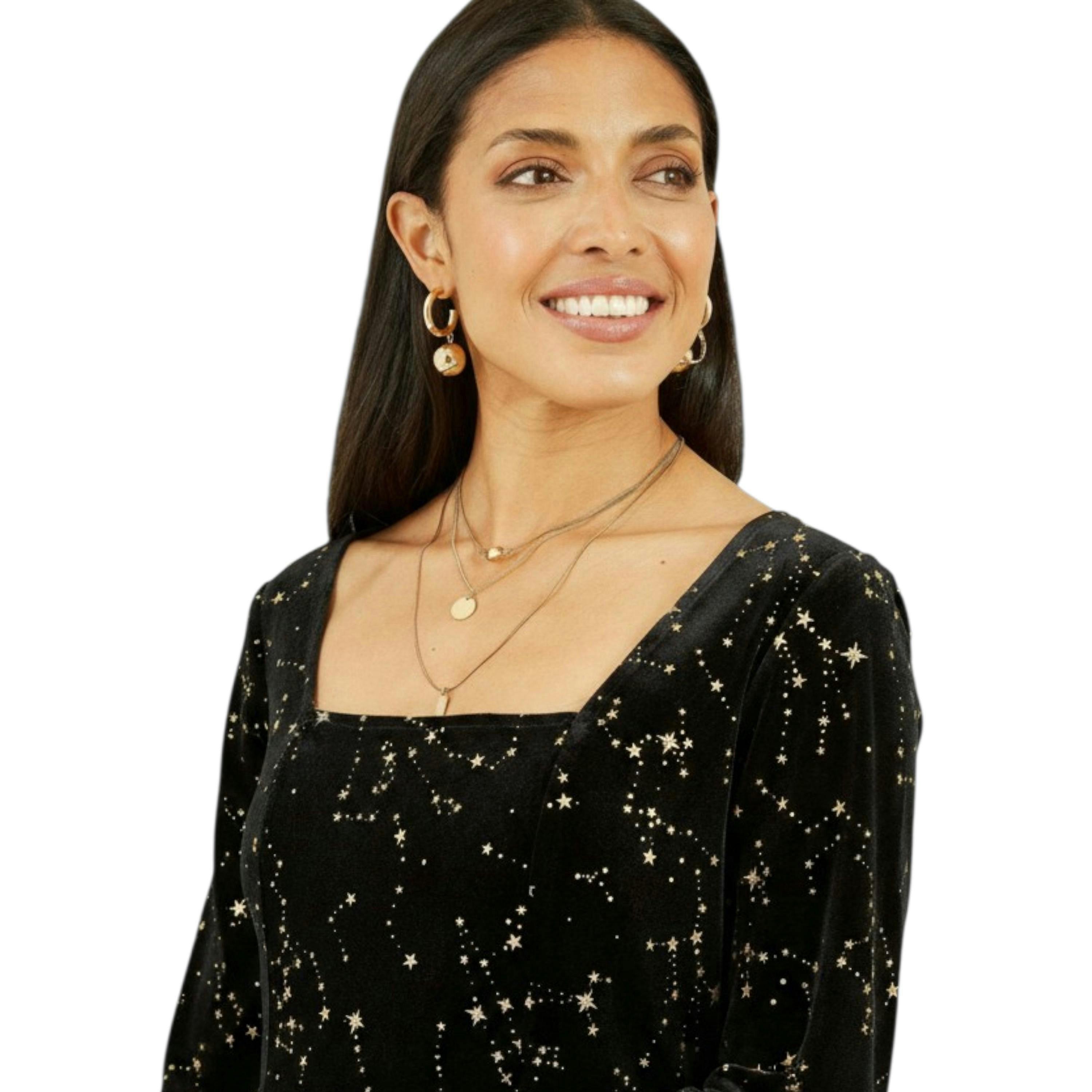 Yumi Black Star Foil Print Long Sleeve Skater Dress , view 1 of 5