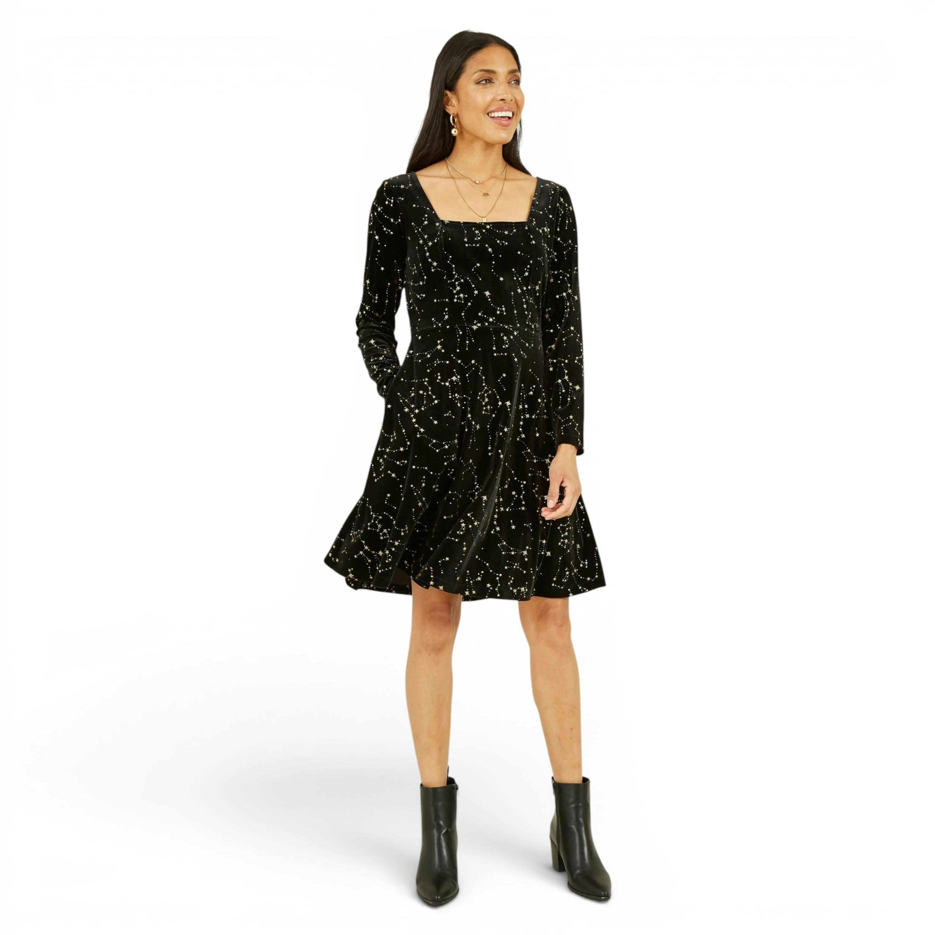 Yumi Black Star Foil Print Long Sleeve Skater Dress , view 2 of 5