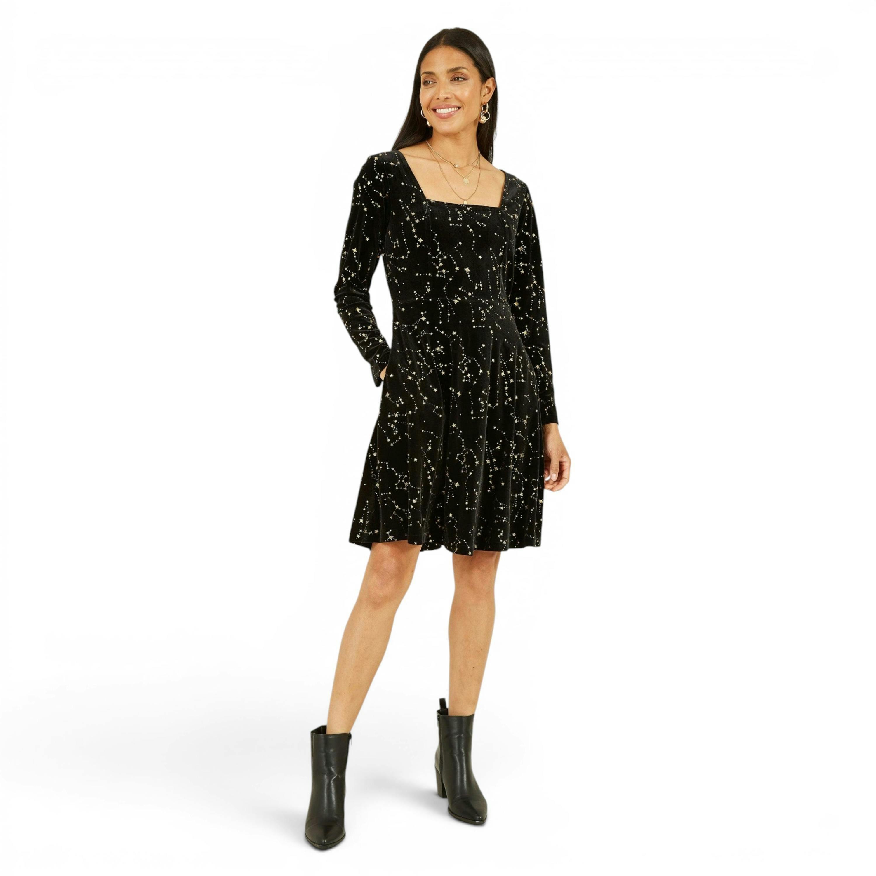 Yumi Black Star Foil Print Long Sleeve Skater Dress , view 3 of 5