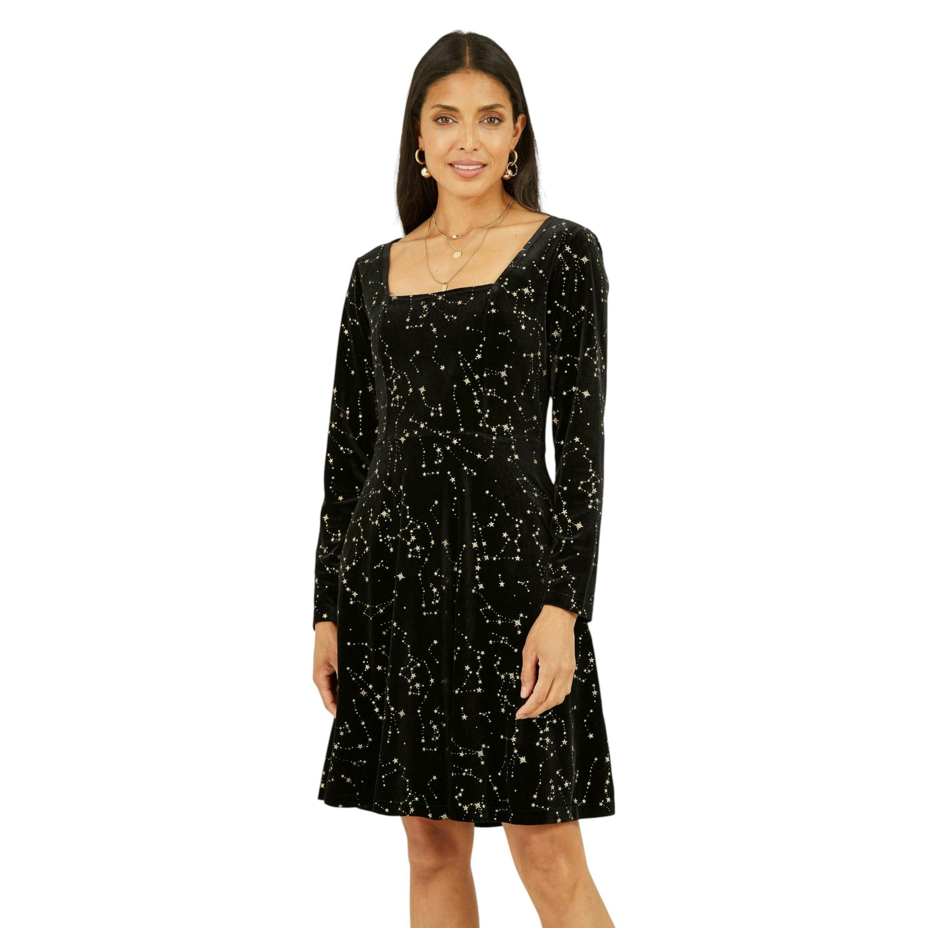 Yumi Black Star Foil Print Long Sleeve Skater Dress , view 4 of 5