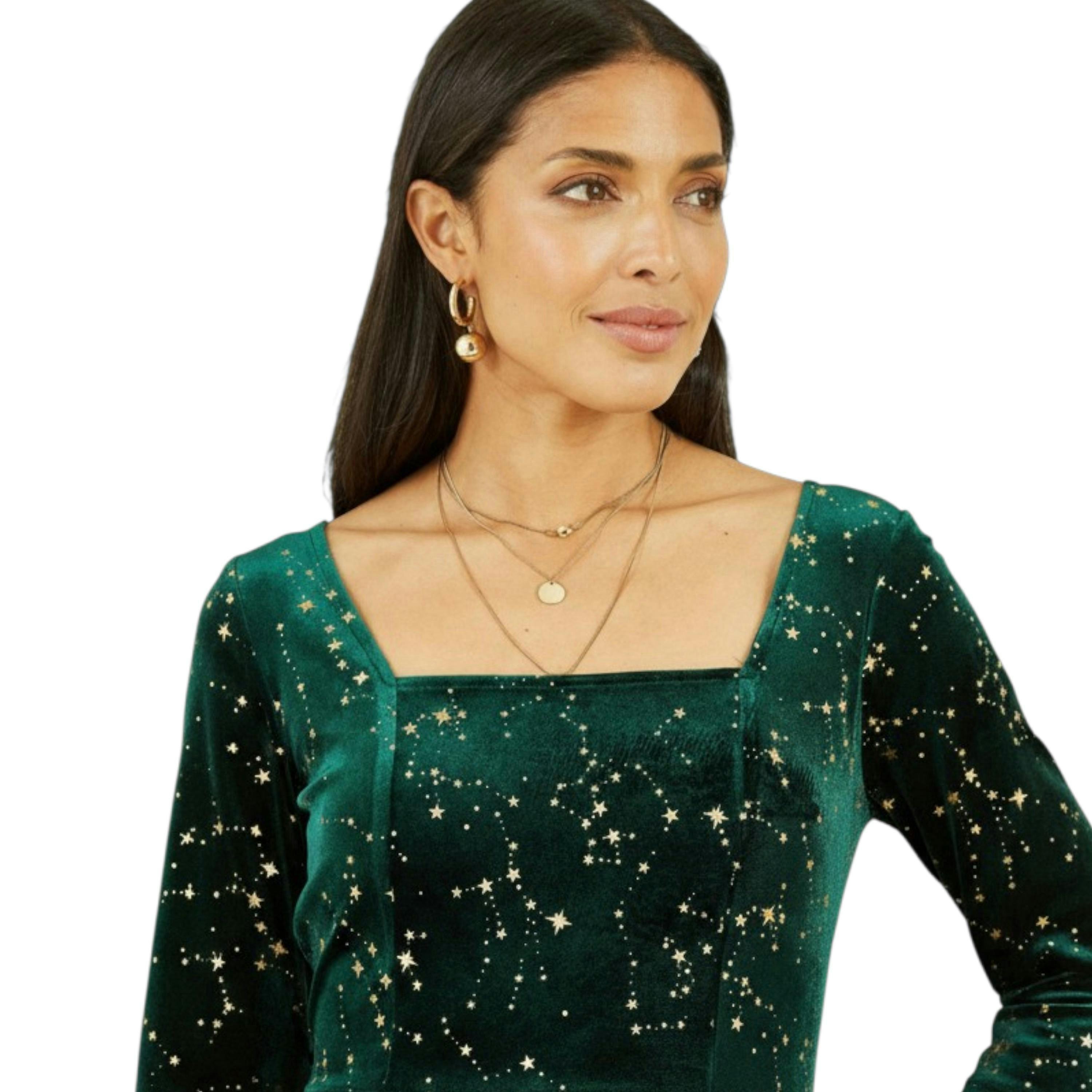 Yumi Green Star Foil Print Long Sleeve Skater Dress , view 1 of 4