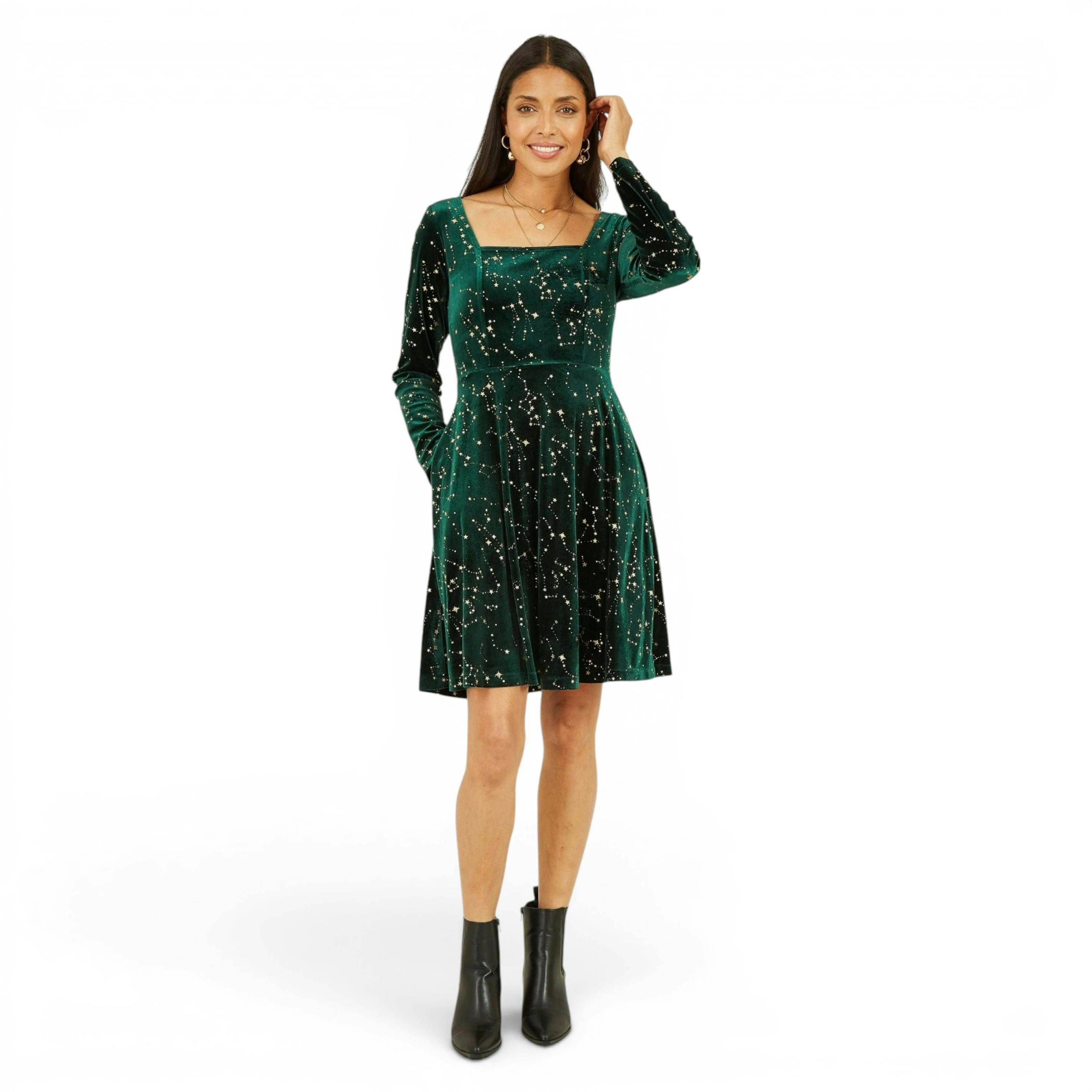 Yumi Green Star Foil Print Long Sleeve Skater Dress , view 2 of 4