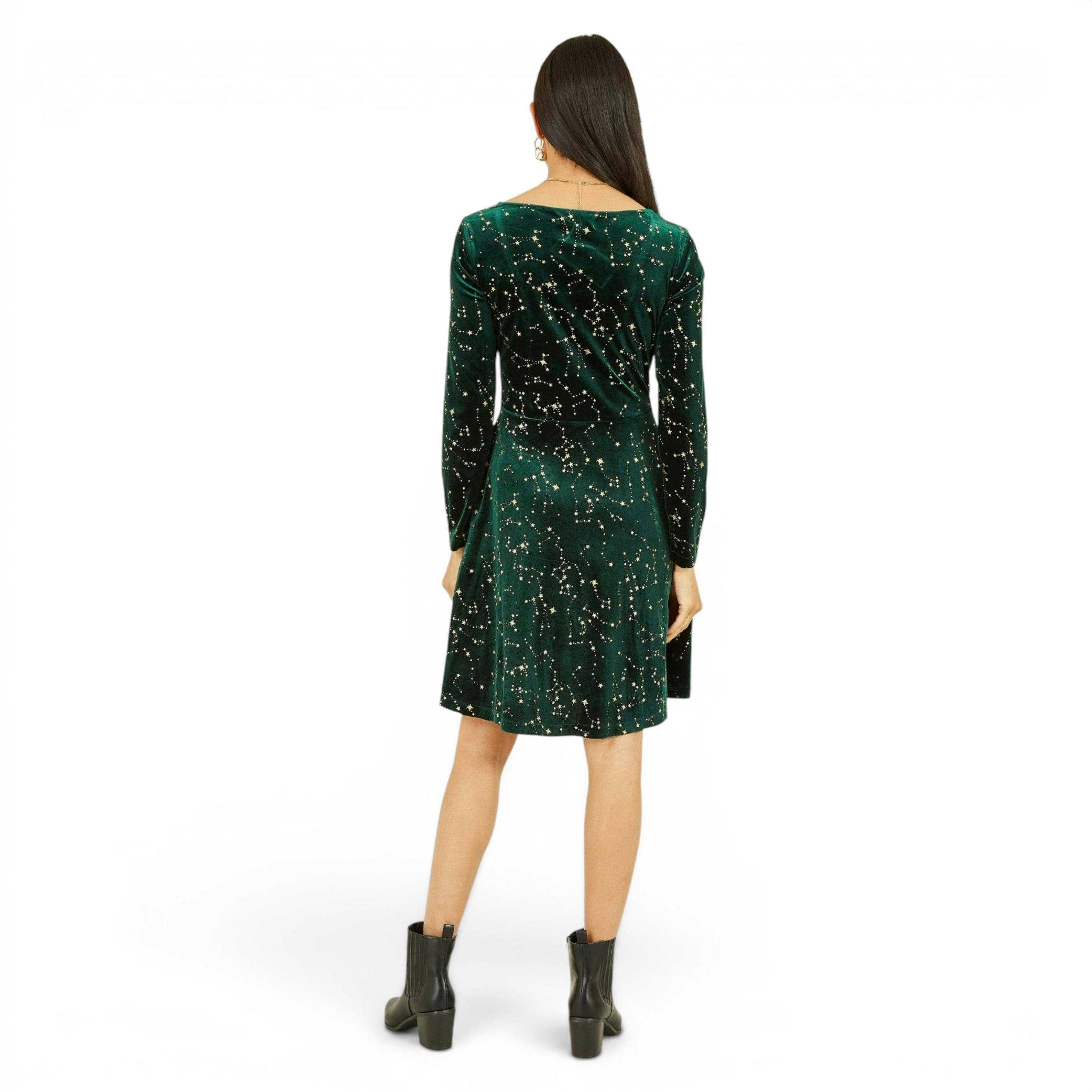Yumi Green Star Foil Print Long Sleeve Skater Dress , view 3 of 4
