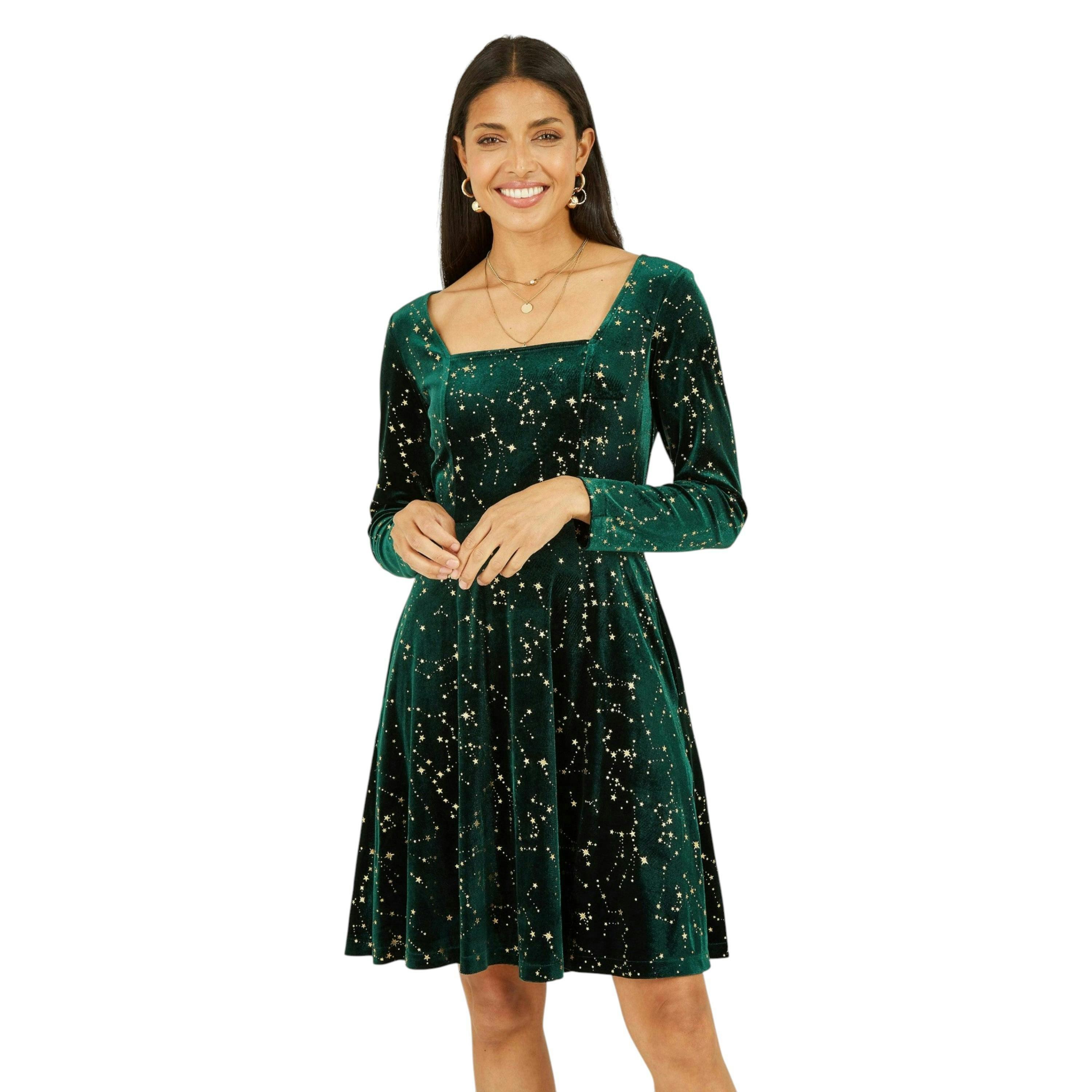 Yumi Green Star Foil Print Long Sleeve Skater Dress , view 4 of 4