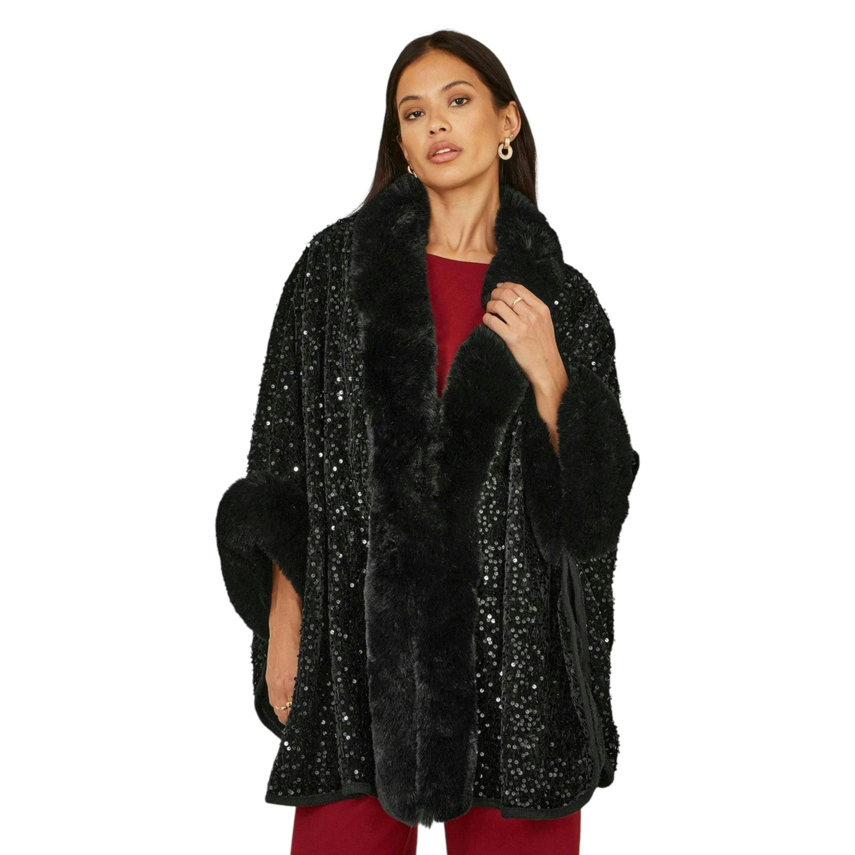 Yumi Black Sequin Cape with Faux Fur Trim and Lining , view 1 of 2