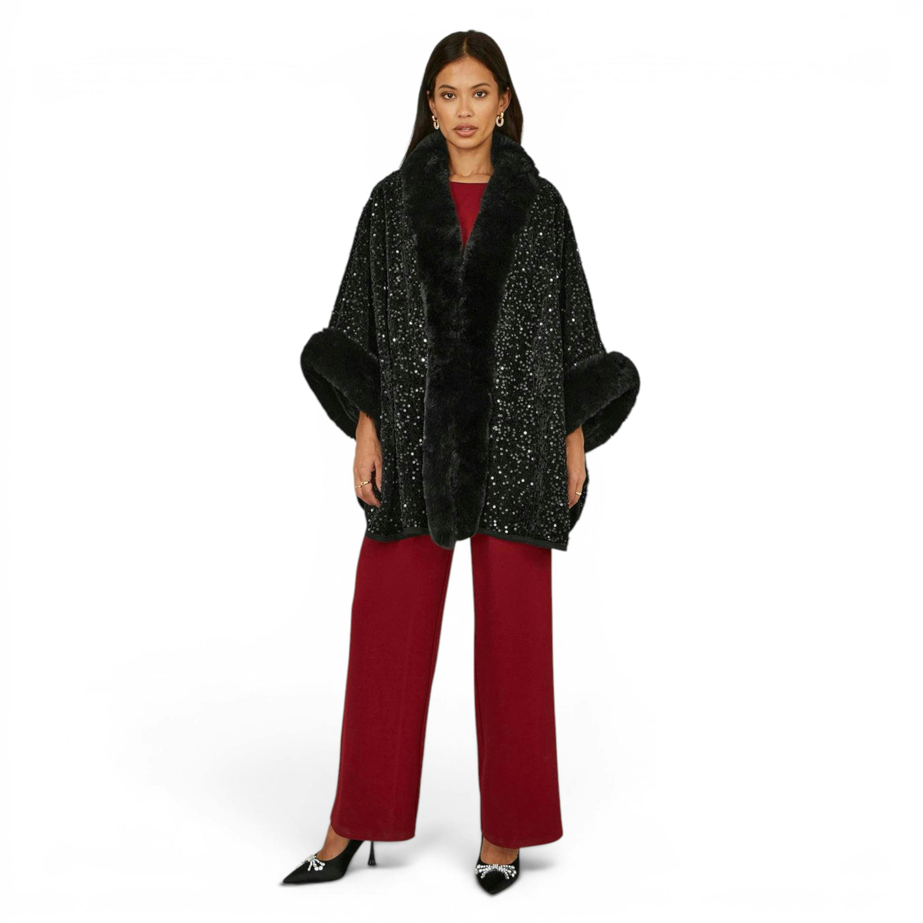 Yumi Black Sequin Cape with Faux Fur Trim and Lining , view 2 of 2