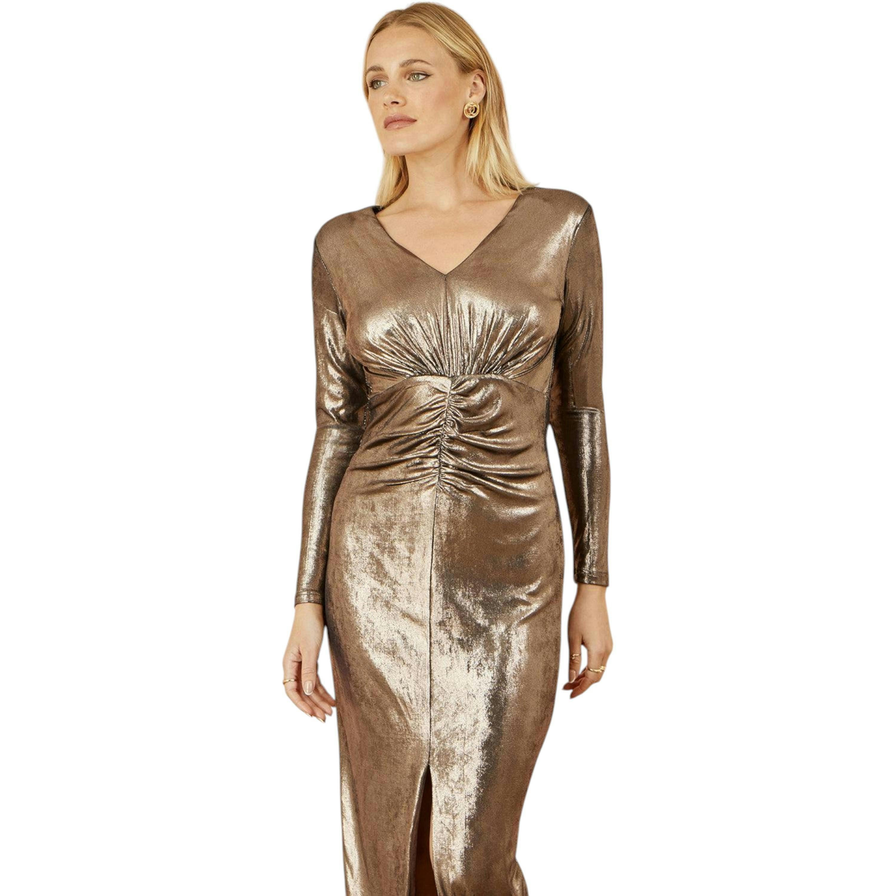 Yumi Gold Metallic Stretch Ruched Maxi Dress With Long Sleeves And Split Hemline , view 4 of 6