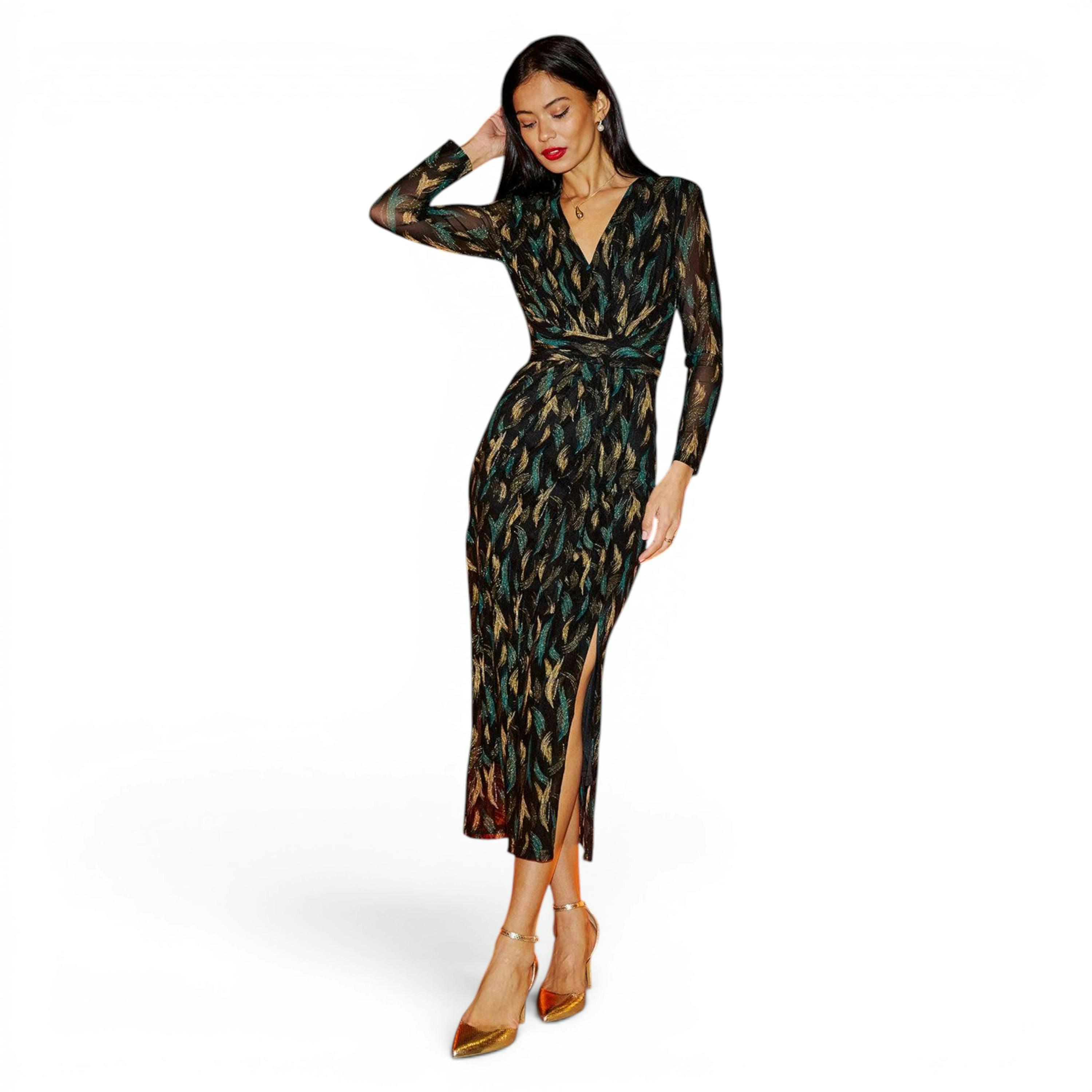 Yumi Black Metallic Sparkle Mesh Wrap Midi Dress , view 1 of 6