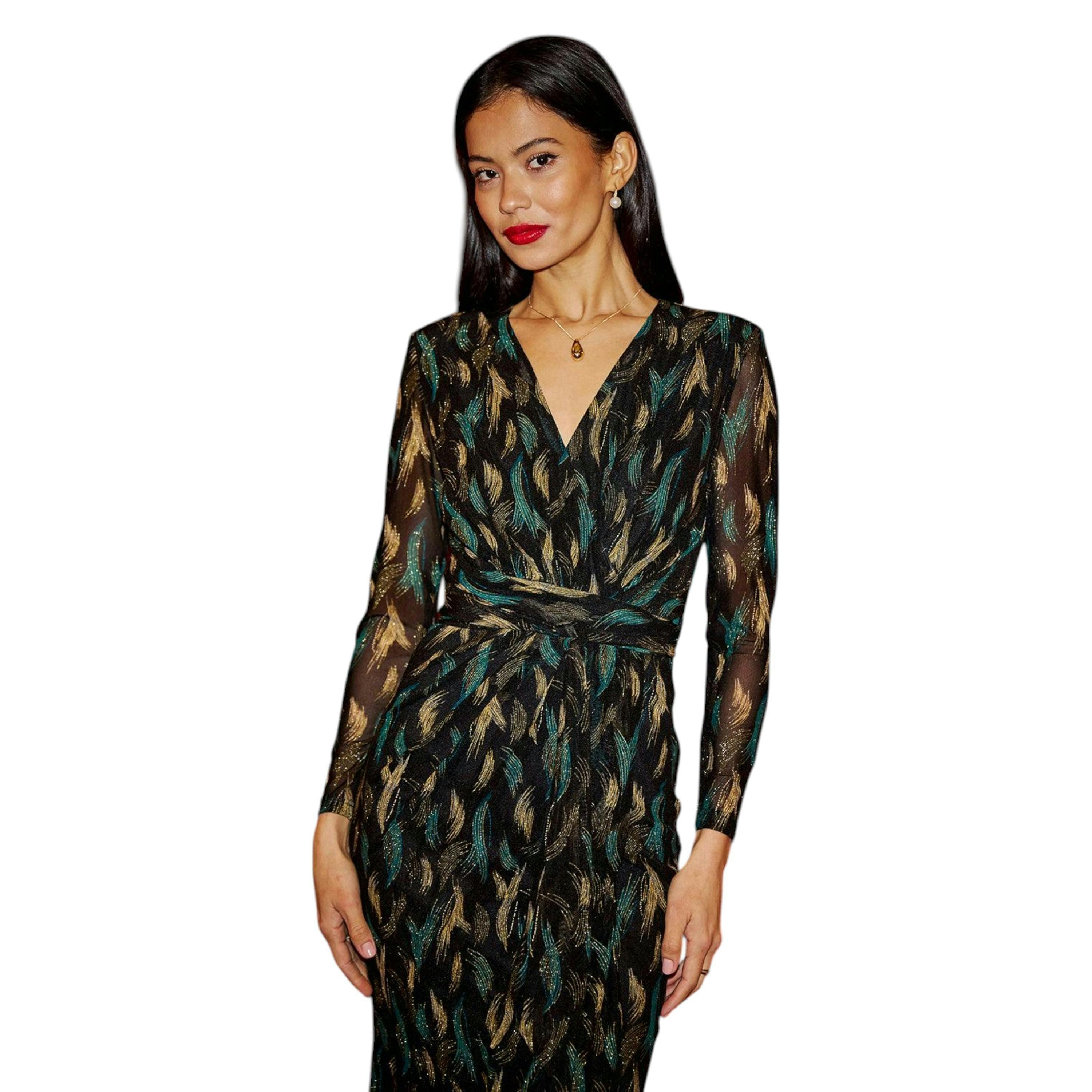 Yumi Black Metallic Sparkle Mesh Wrap Midi Dress , view 2 of 6