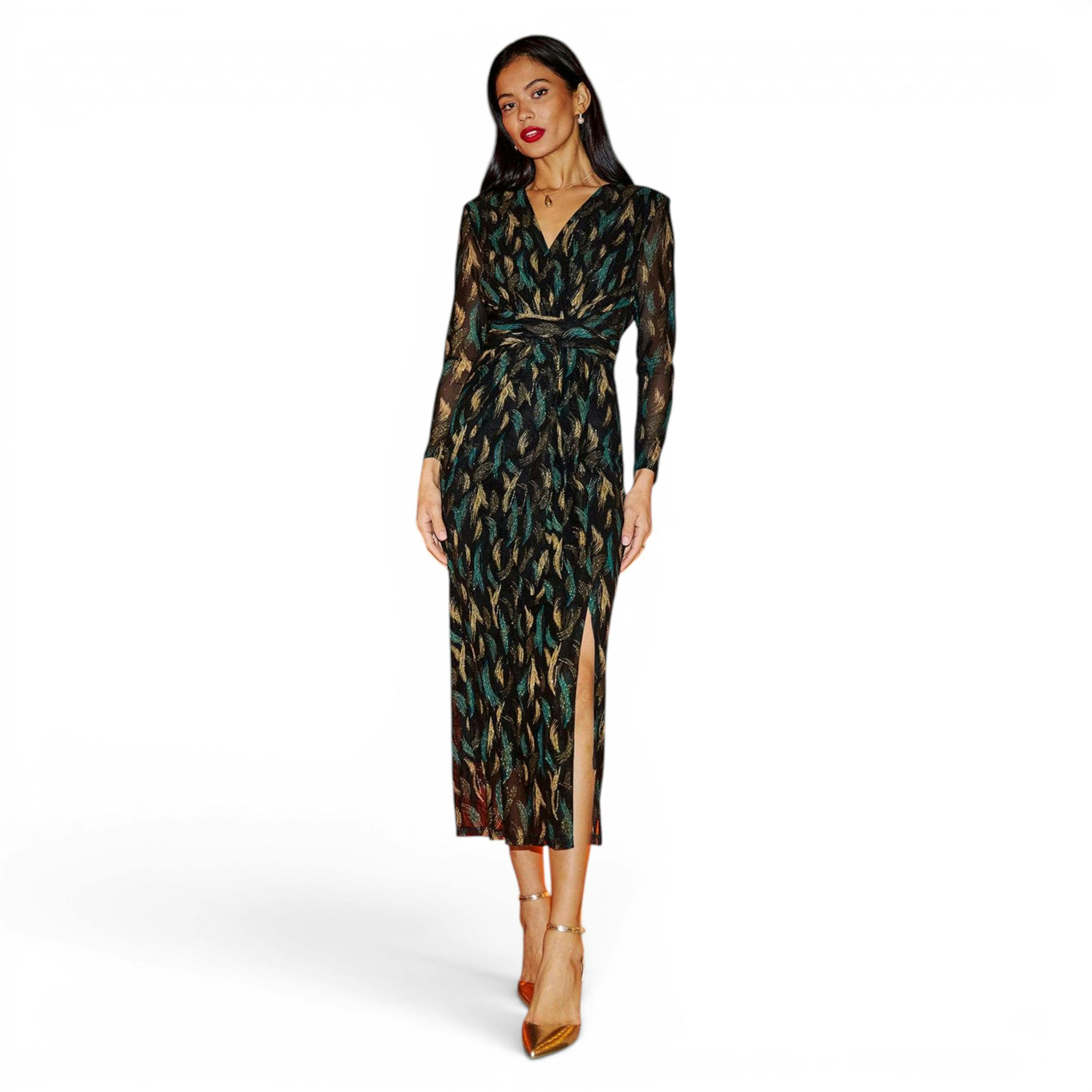 Yumi Black Metallic Sparkle Mesh Wrap Midi Dress , view 3 of 6