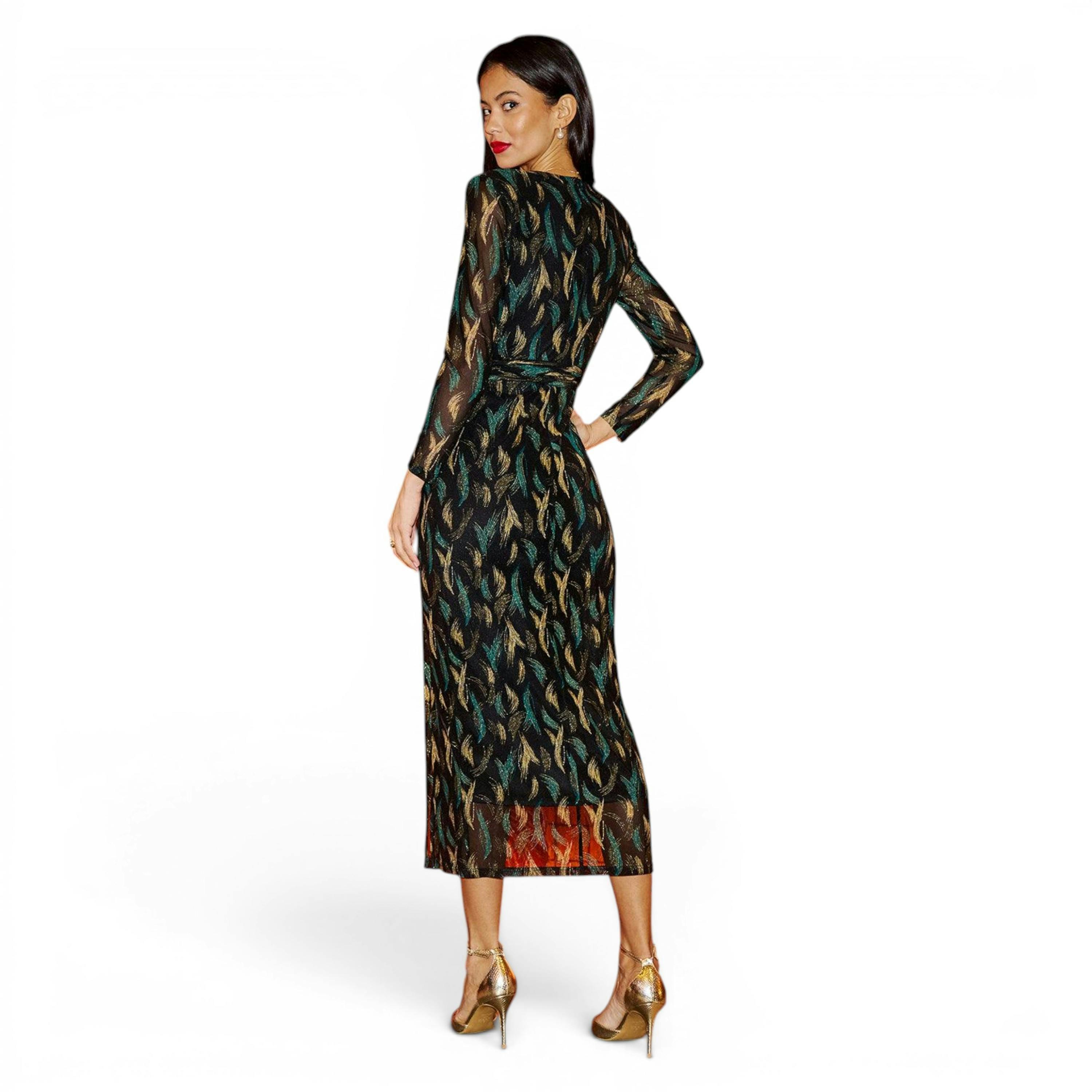 Yumi Black Metallic Sparkle Mesh Wrap Midi Dress , view 4 of 6