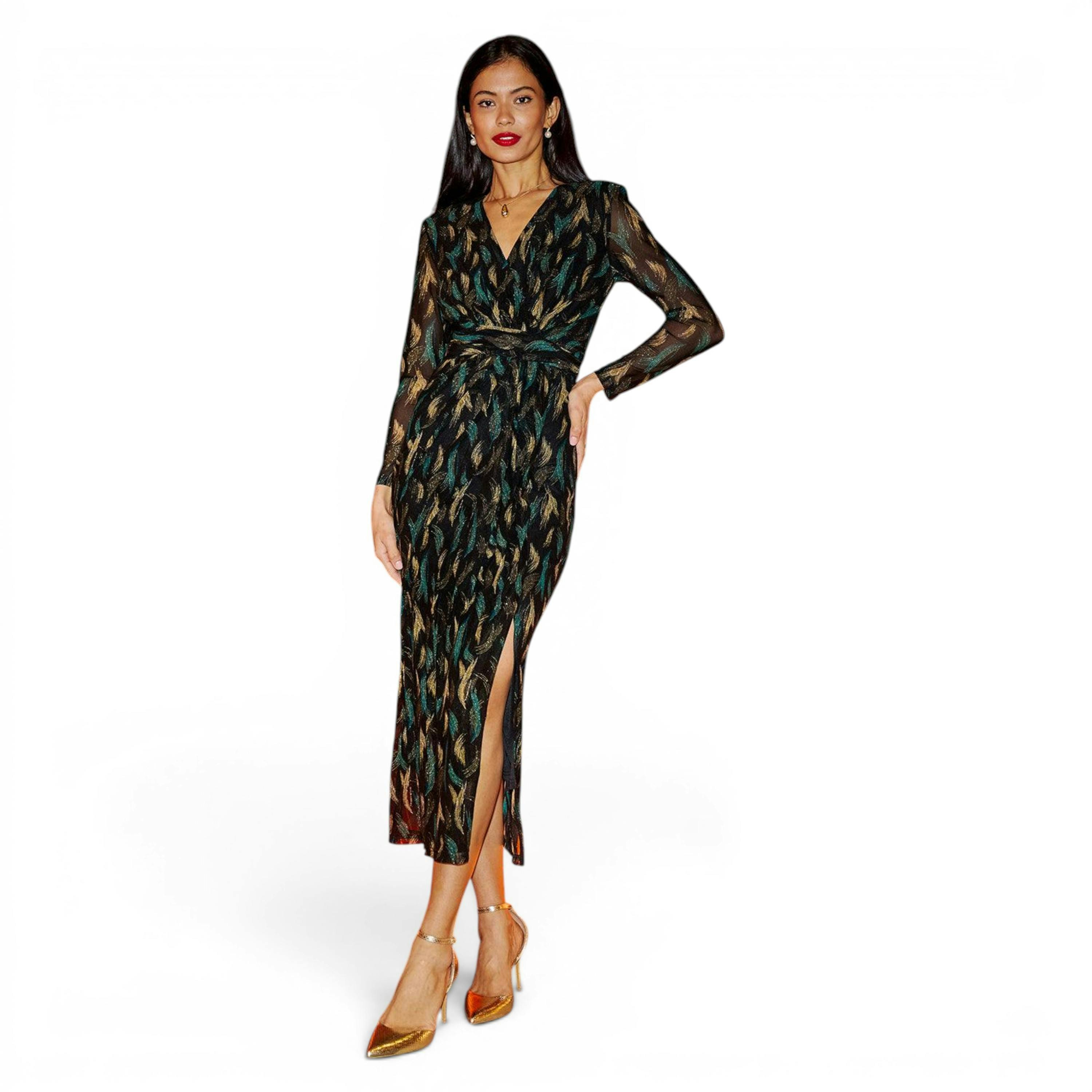 Yumi Black Metallic Sparkle Mesh Wrap Midi Dress , view 5 of 6