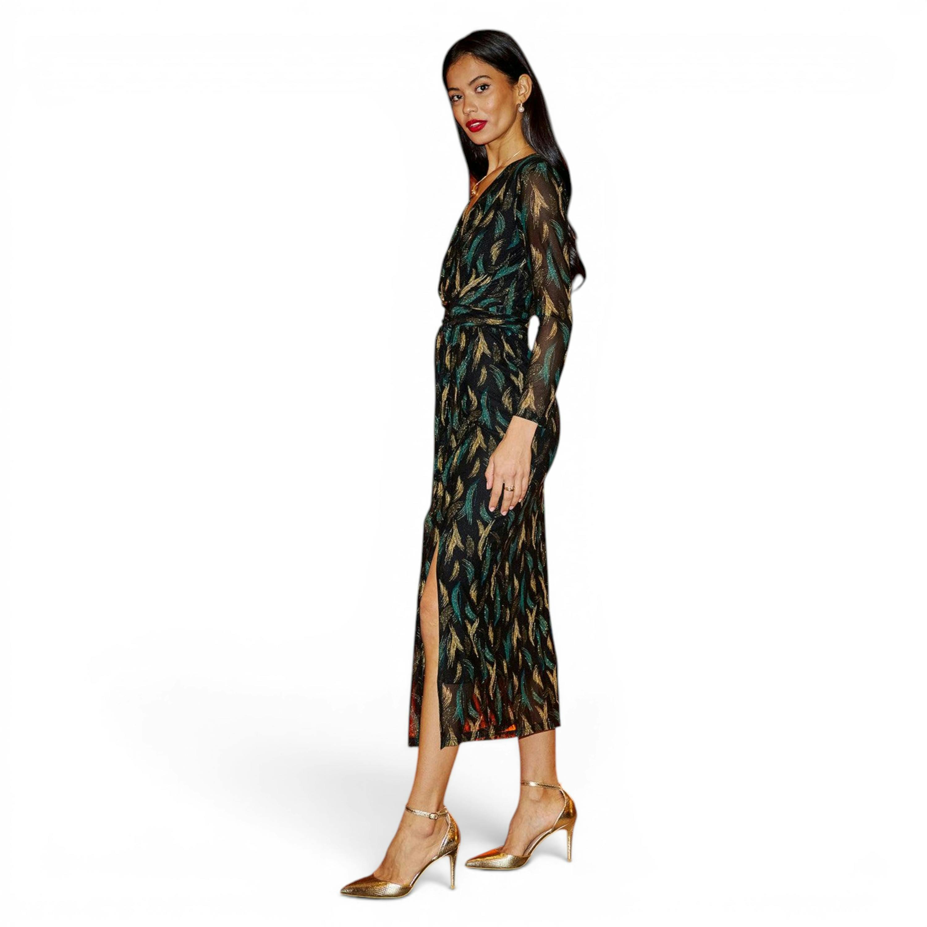 Yumi Black Metallic Sparkle Mesh Wrap Midi Dress , view 6 of 6