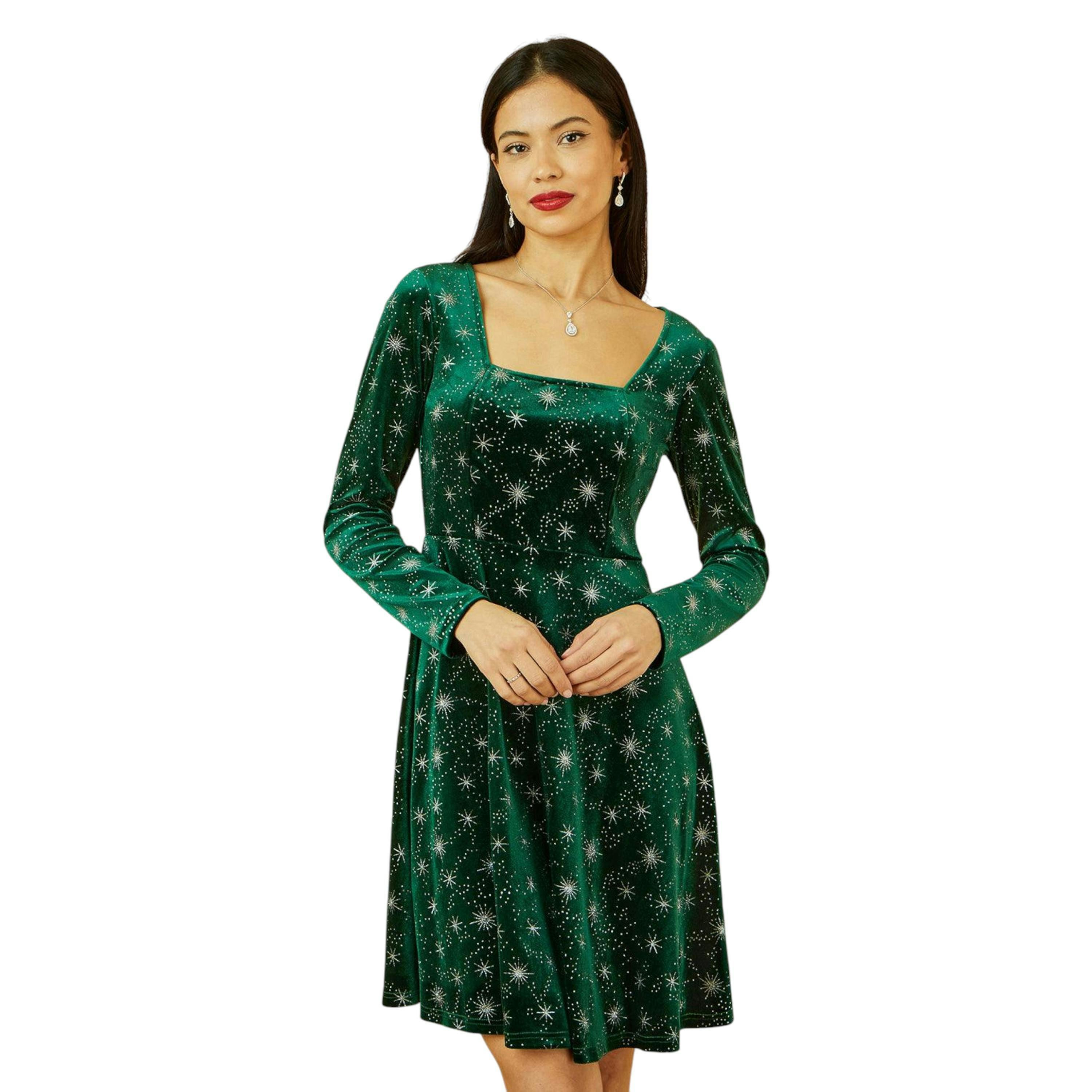 Yumi Green Starburst Foil Print Long Sleeve Skater Dress , view 1 of 6