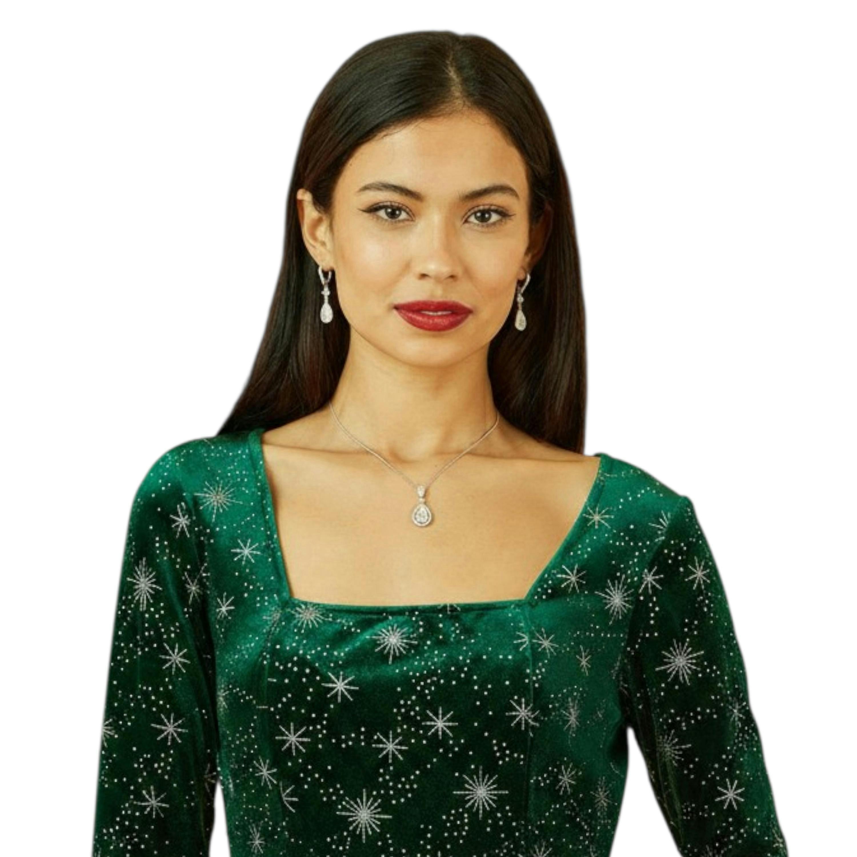 Yumi Green Starburst Foil Print Long Sleeve Skater Dress , view 2 of 6