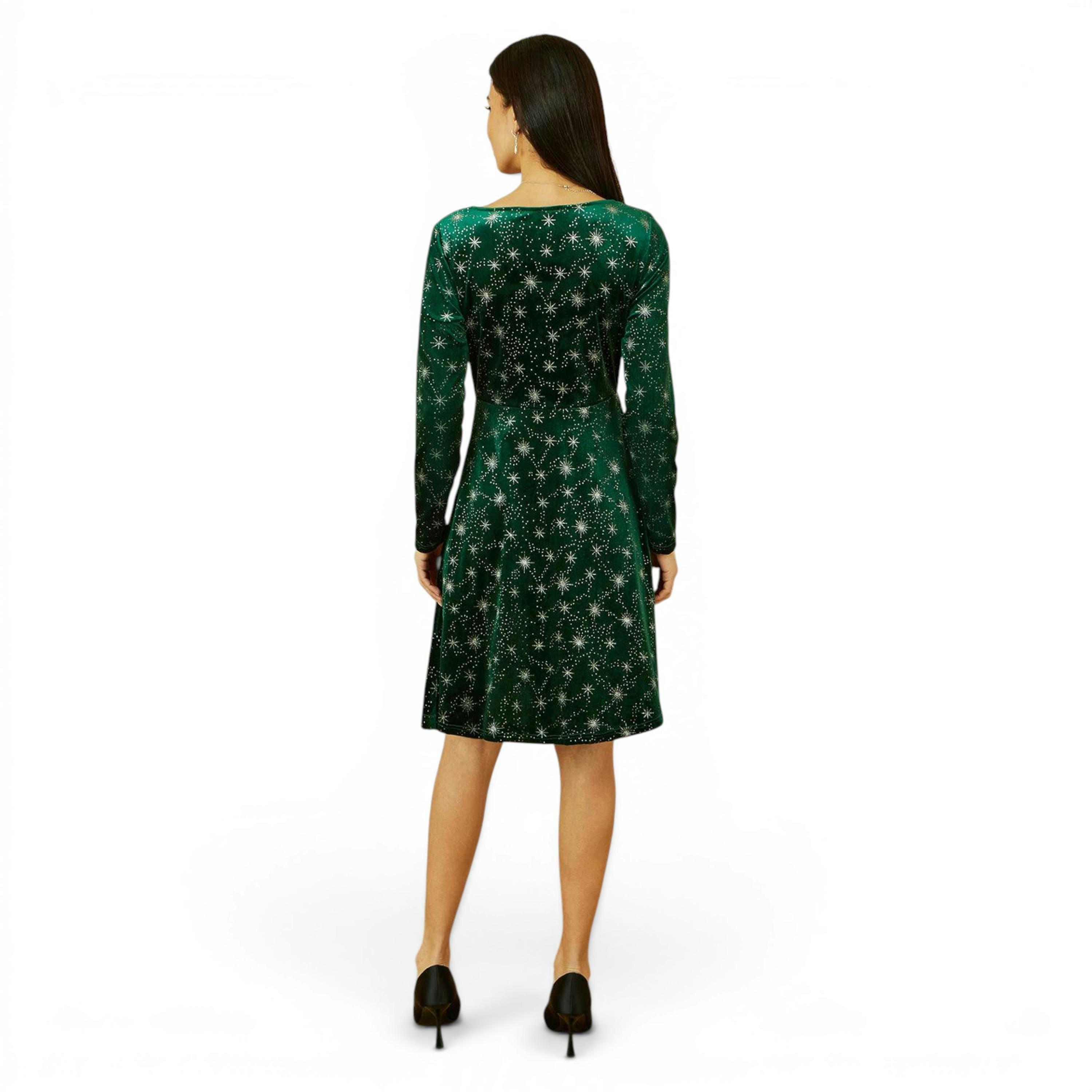 Yumi Green Starburst Foil Print Long Sleeve Skater Dress , view 4 of 6
