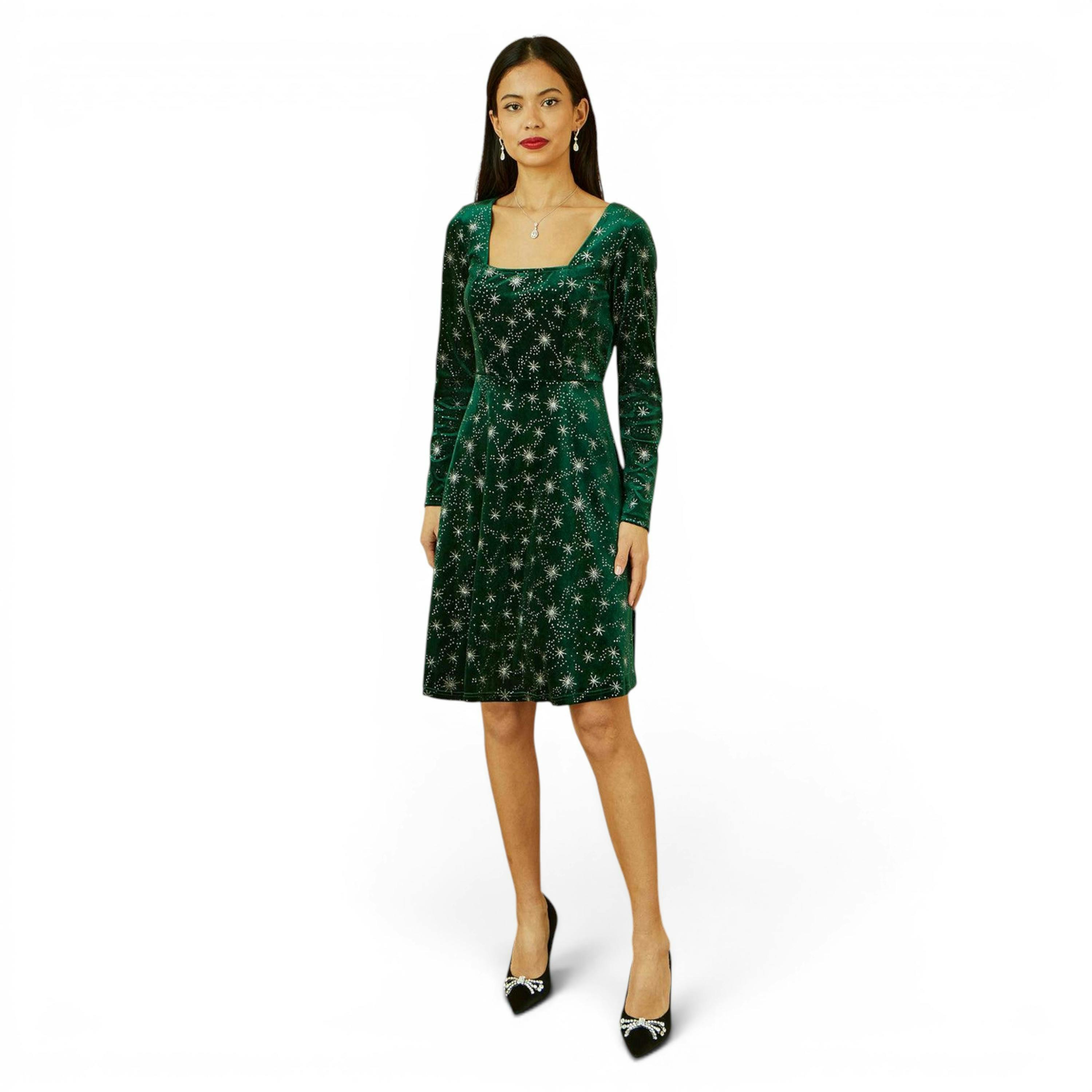 Yumi Green Starburst Foil Print Long Sleeve Skater Dress , view 6 of 6