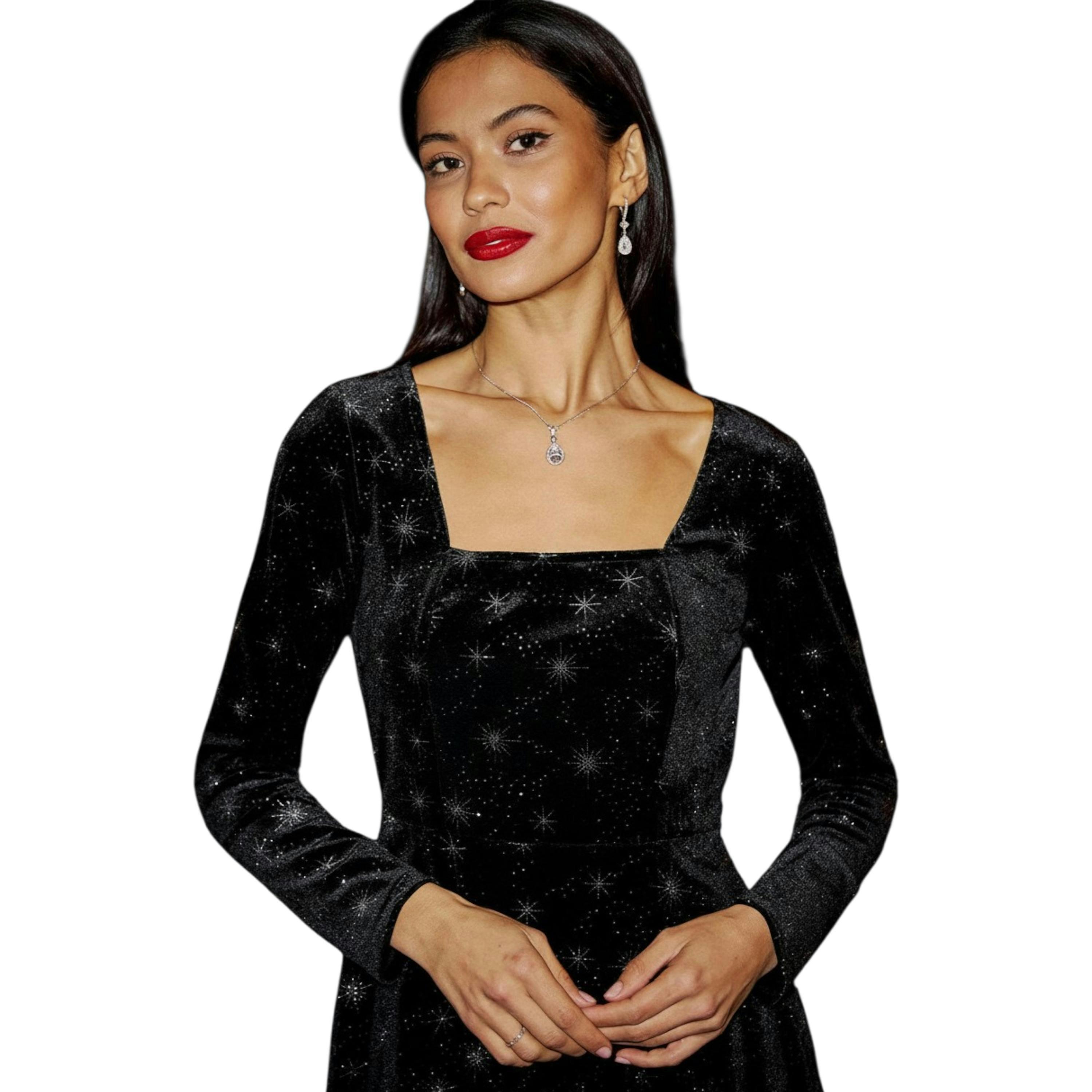 Yumi Black Starburst Foil Print Long Sleeve Skater Dress , view 1 of 6