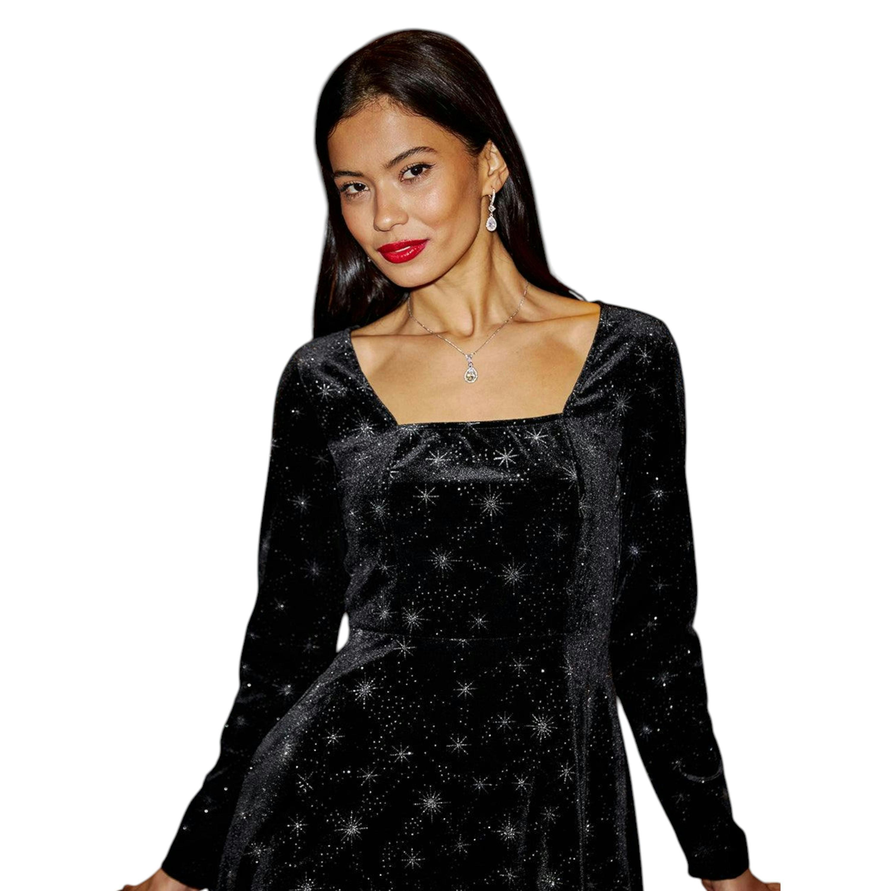 Yumi Black Starburst Foil Print Long Sleeve Skater Dress , view 2 of 6