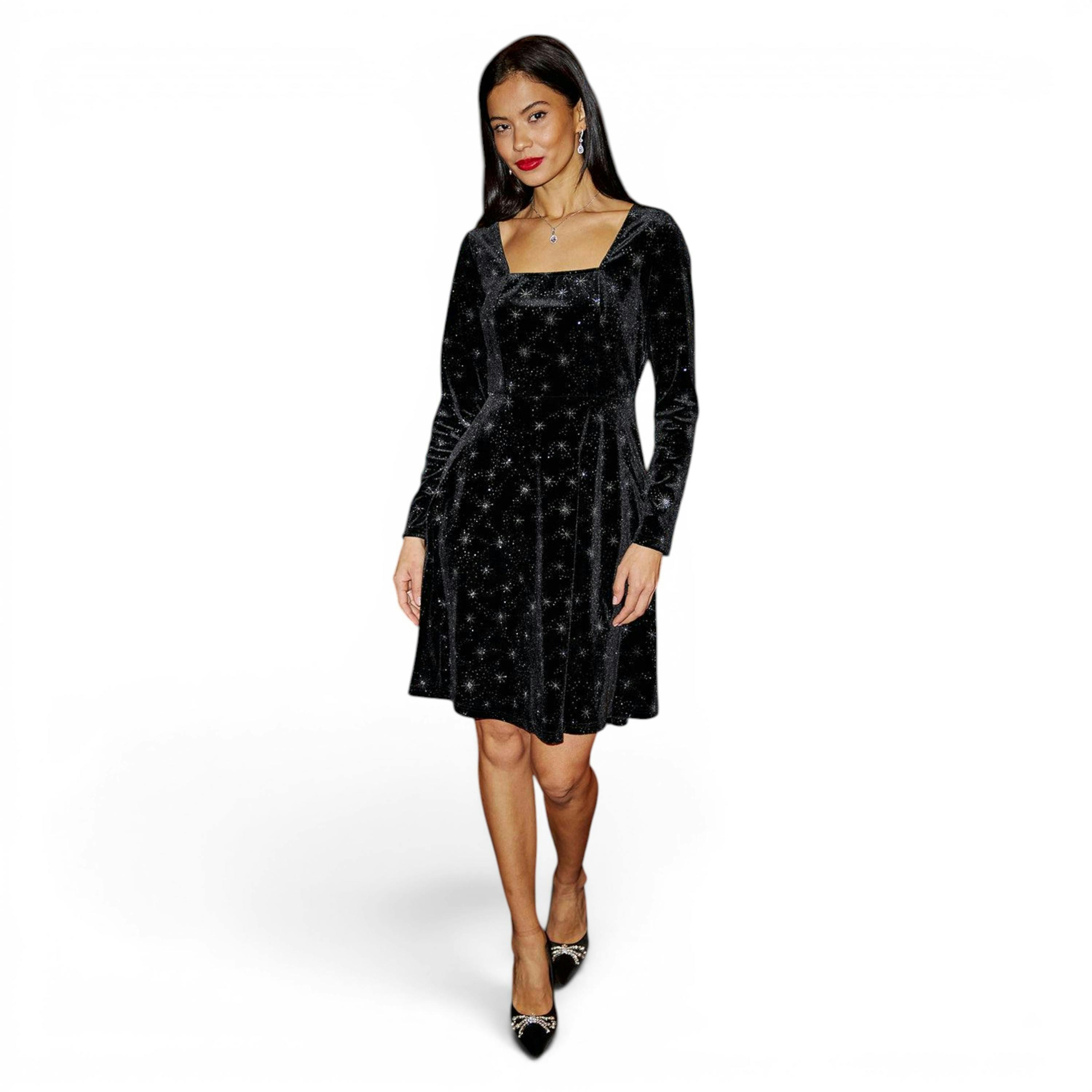 Yumi Black Starburst Foil Print Long Sleeve Skater Dress , view 3 of 6