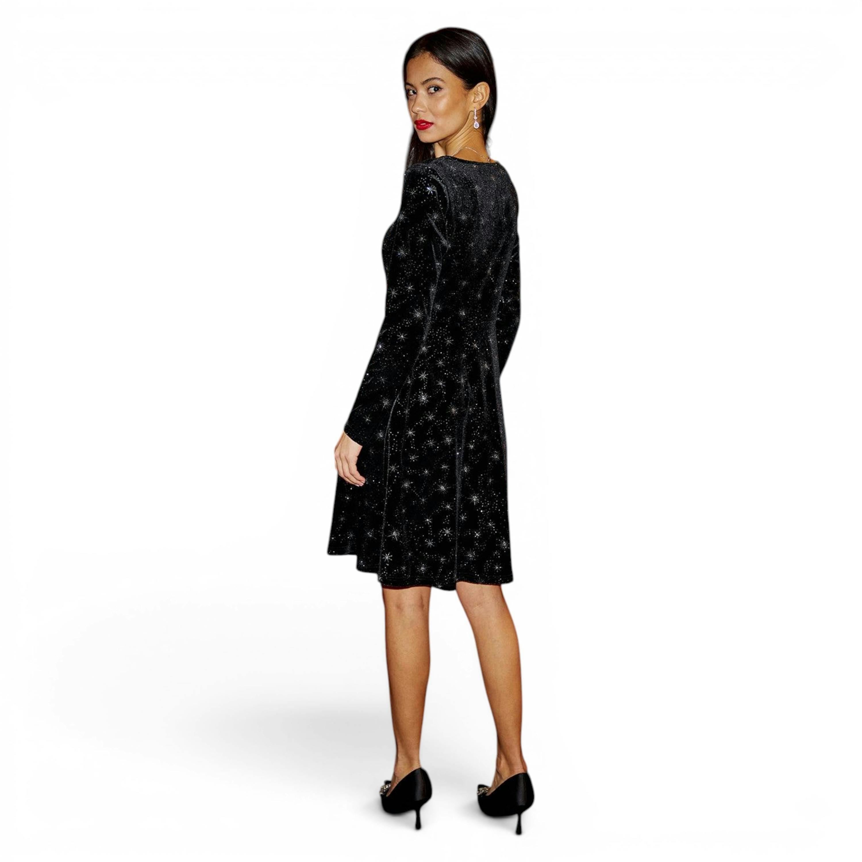 Yumi Black Starburst Foil Print Long Sleeve Skater Dress , view 5 of 6