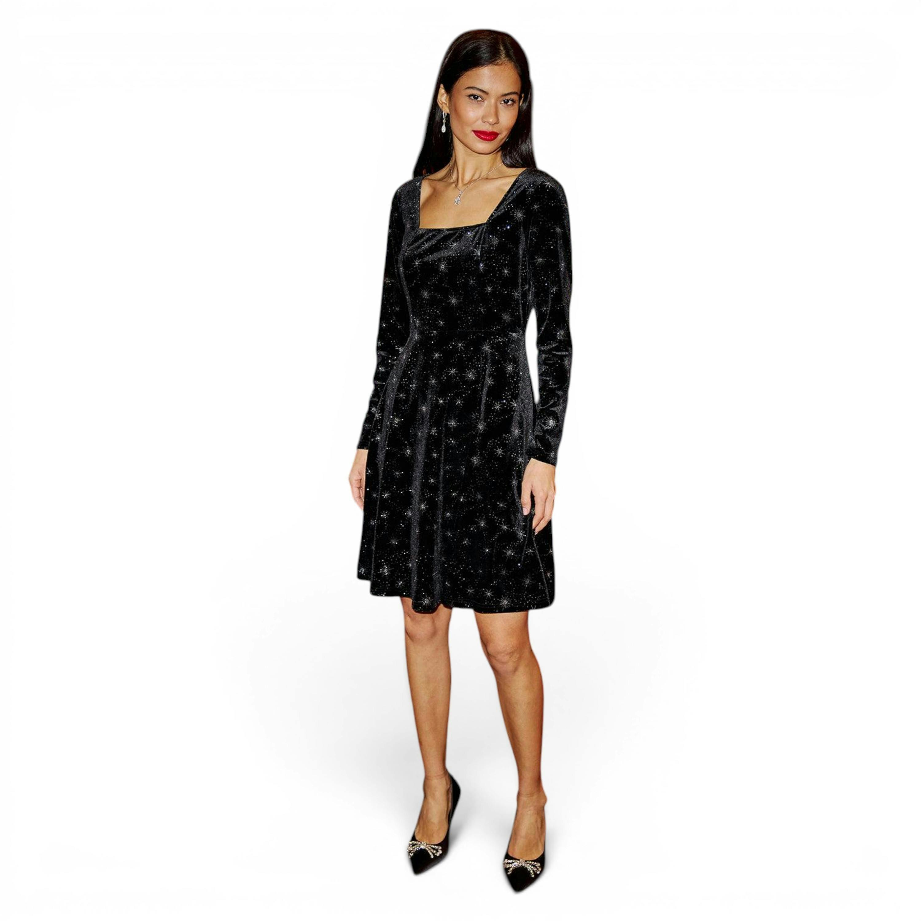 Yumi Black Starburst Foil Print Long Sleeve Skater Dress , view 6 of 6