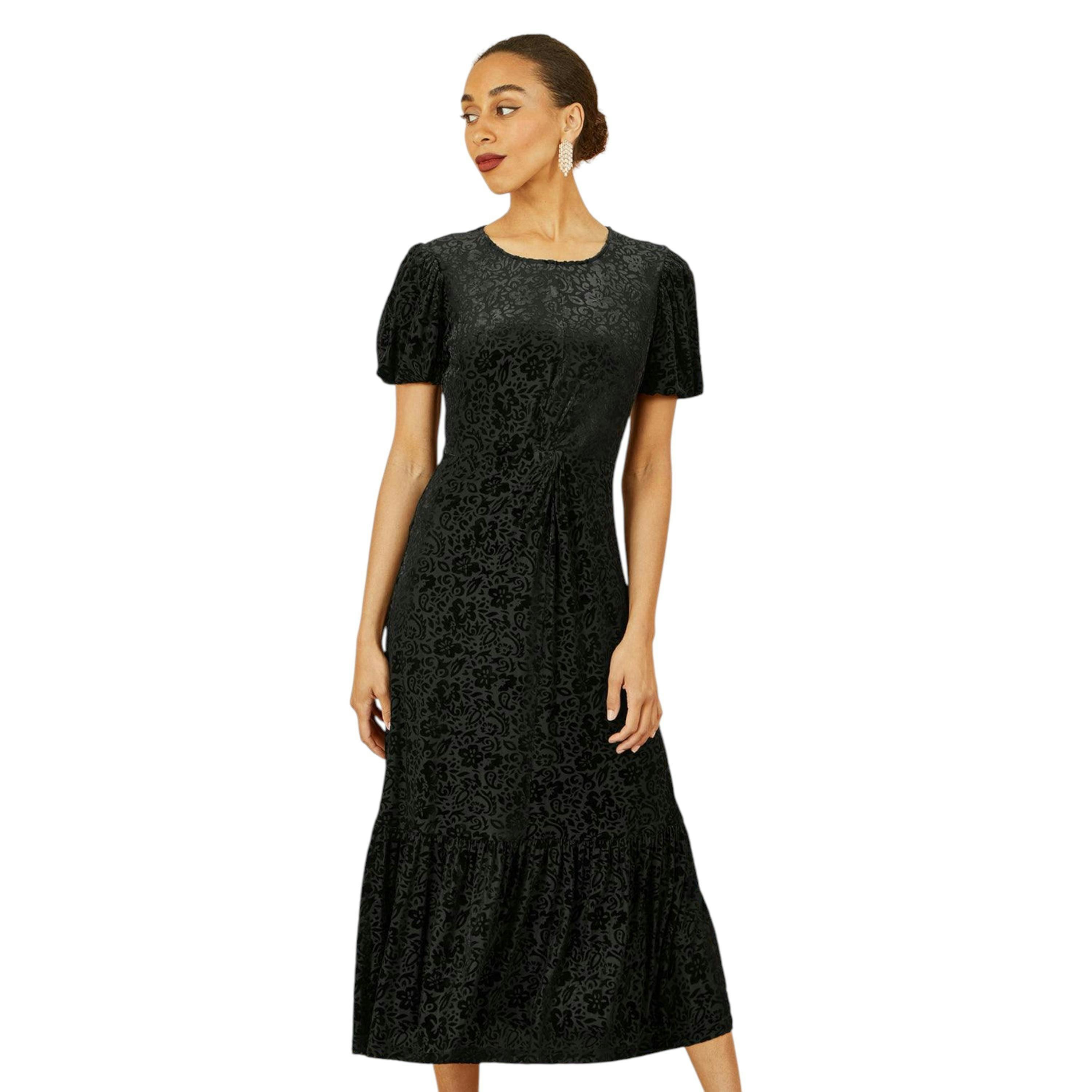 Yumi Black Floral Velour Velvet Twist Waist Midi Dress , view 1 of 6