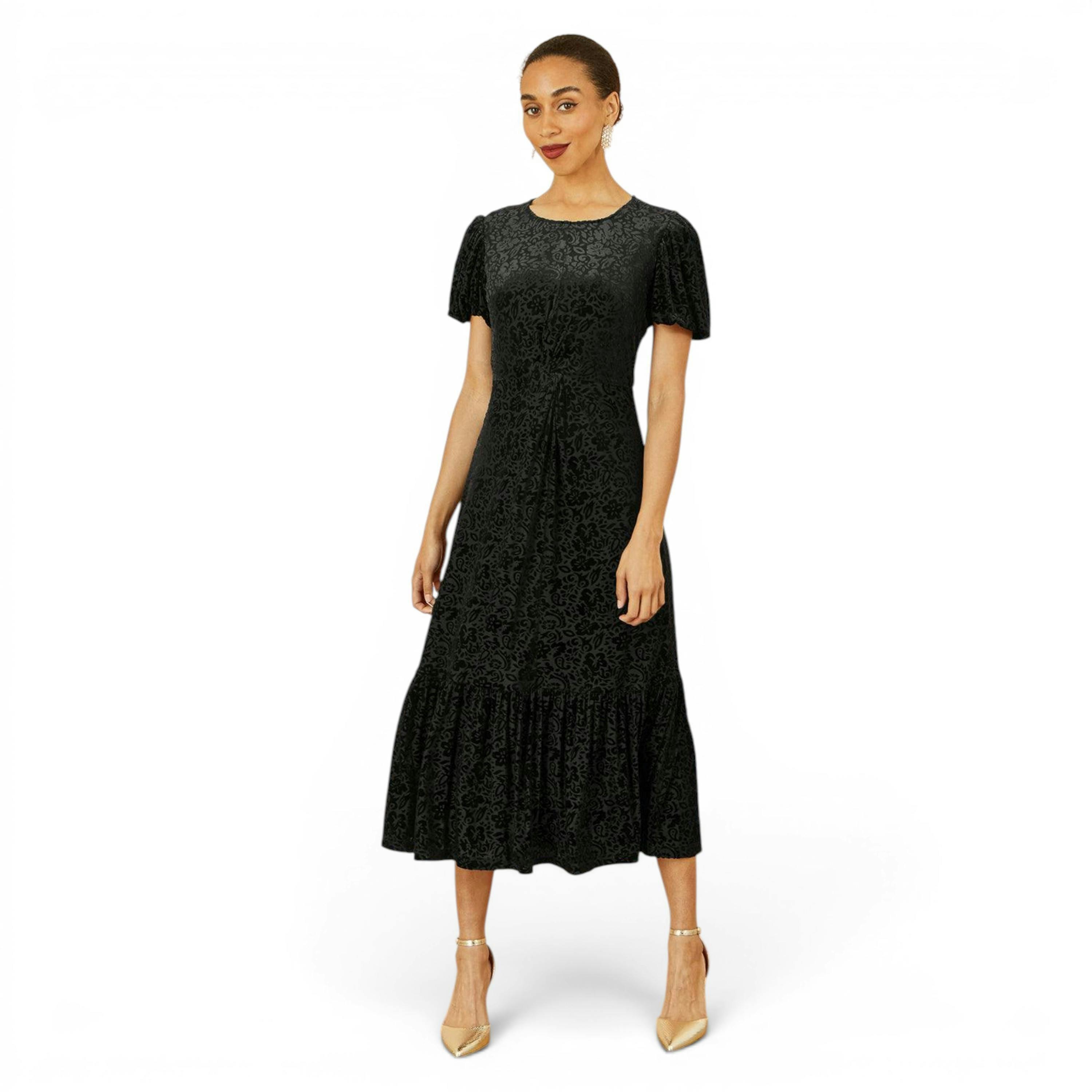Yumi Black Floral Velour Velvet Twist Waist Midi Dress , view 2 of 6