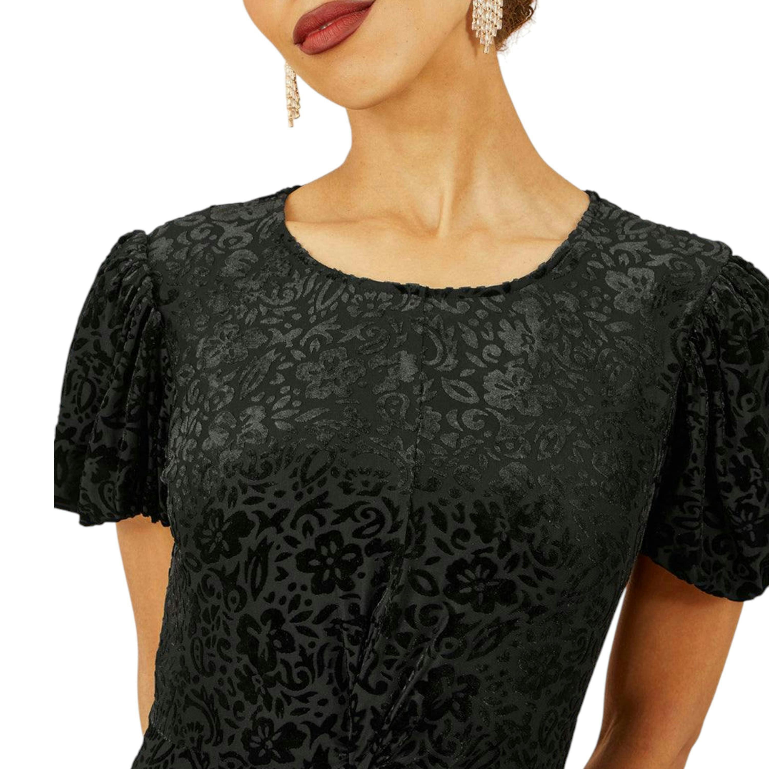 Yumi Black Floral Velour Velvet Twist Waist Midi Dress , view 3 of 6