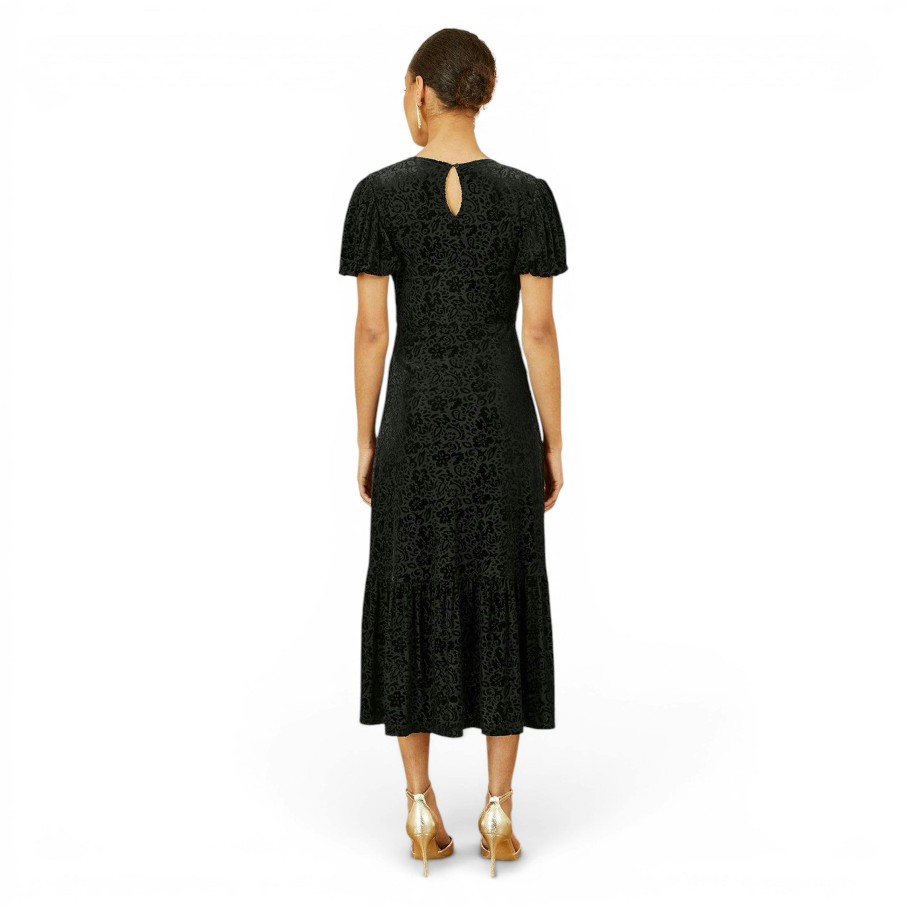 Yumi Black Floral Velour Velvet Twist Waist Midi Dress , view 4 of 6