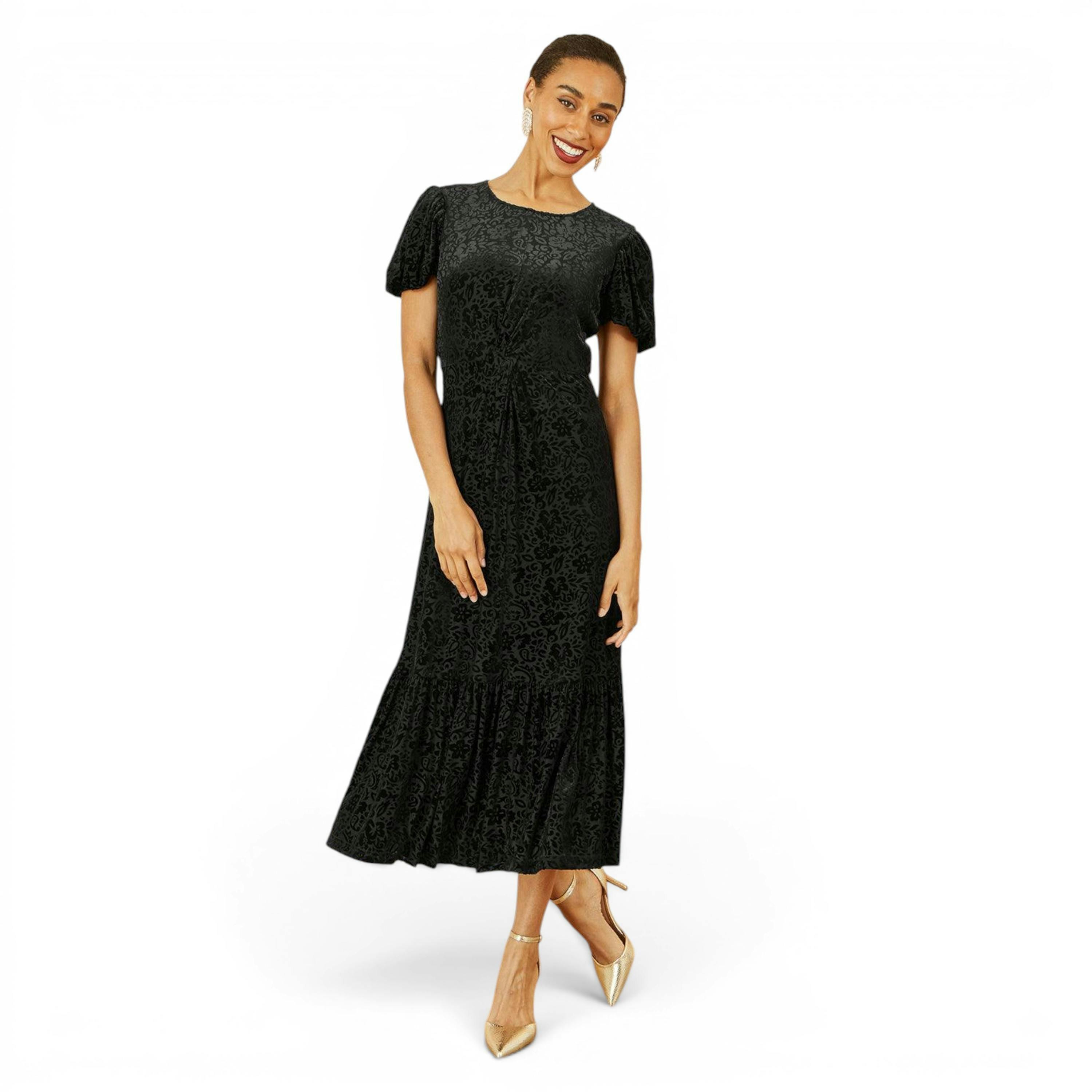 Yumi Black Floral Velour Velvet Twist Waist Midi Dress , view 5 of 6