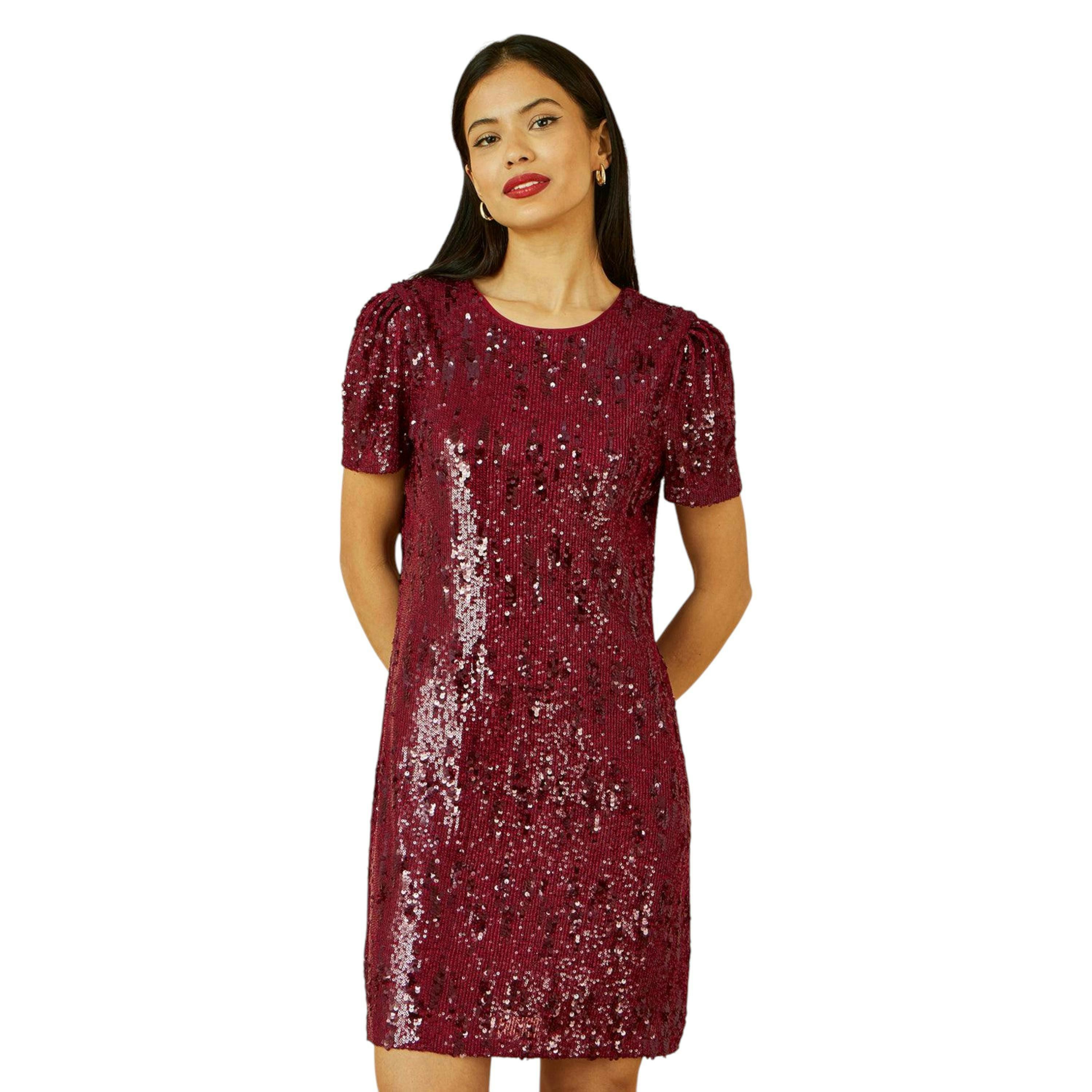 Yumi Burgundy Sequin Stretch Tunic Dress , view 1 of 6