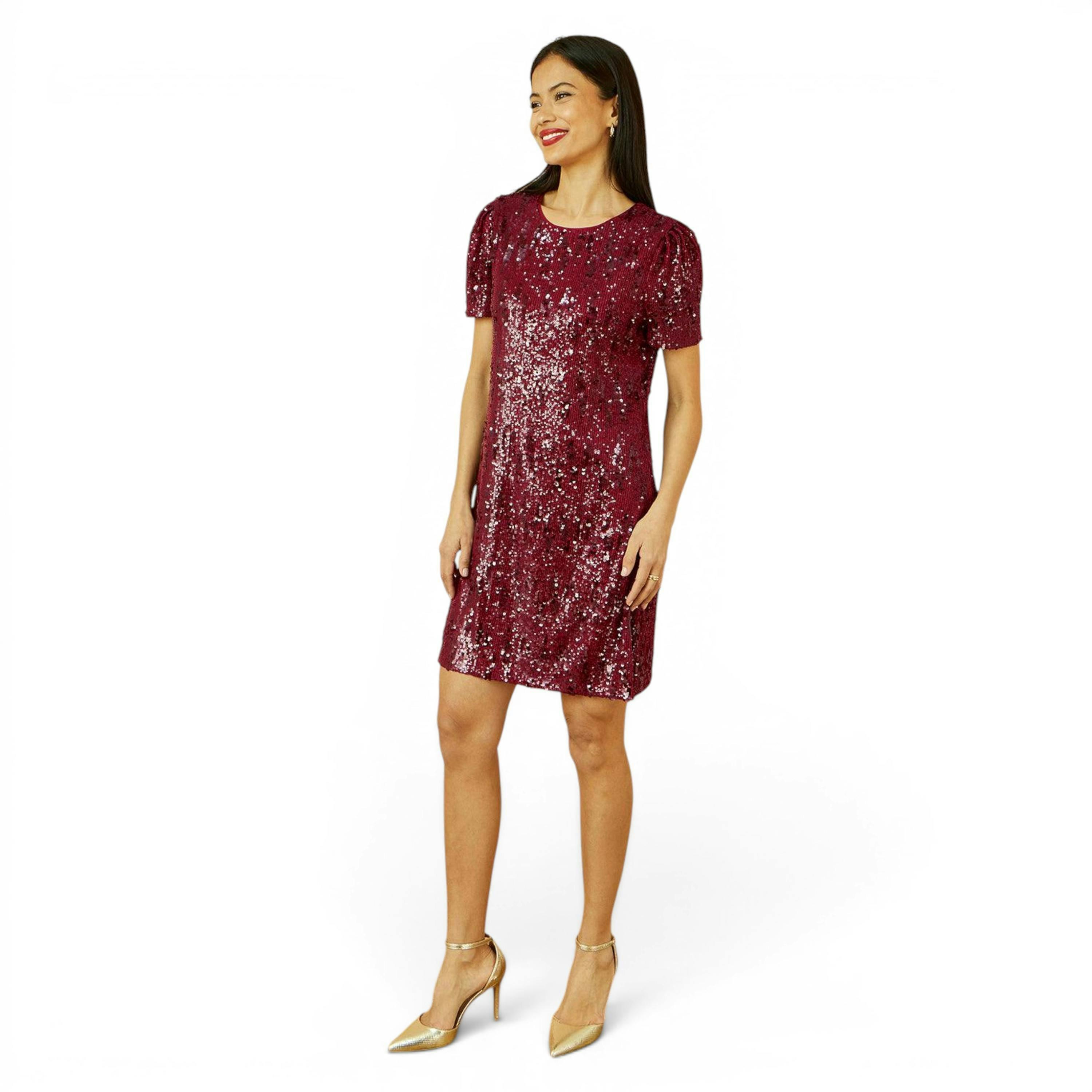 Yumi Burgundy Sequin Stretch Tunic Dress , view 2 of 6
