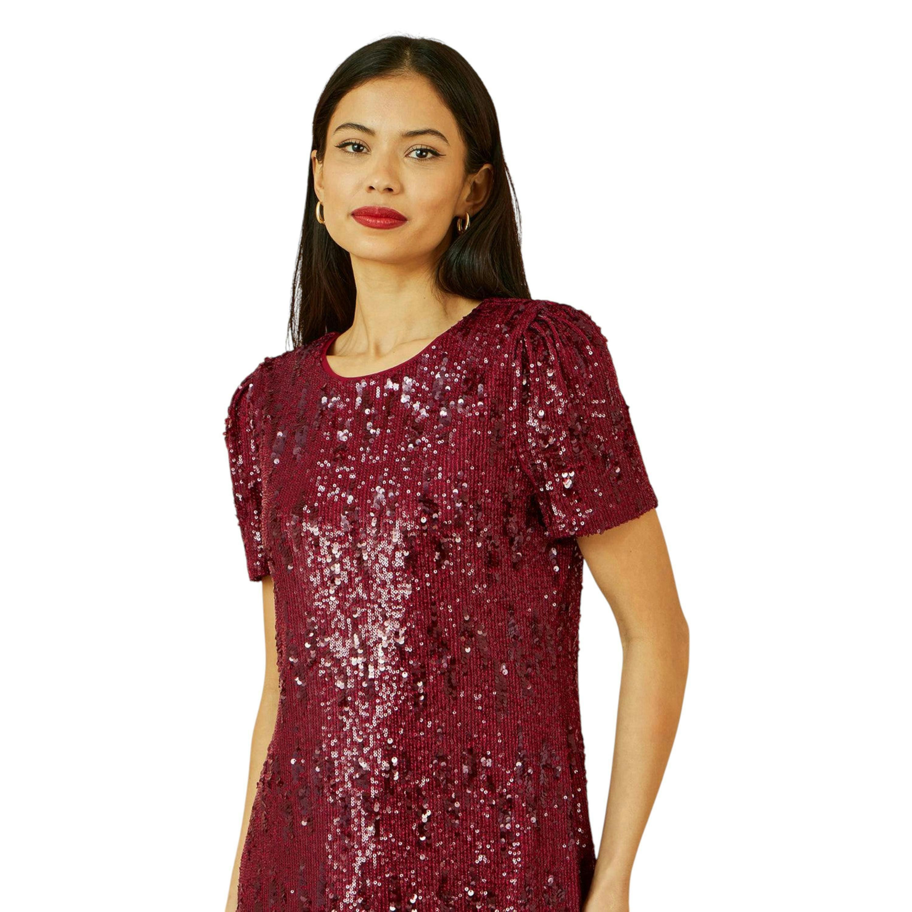 Yumi Burgundy Sequin Stretch Tunic Dress , view 3 of 6