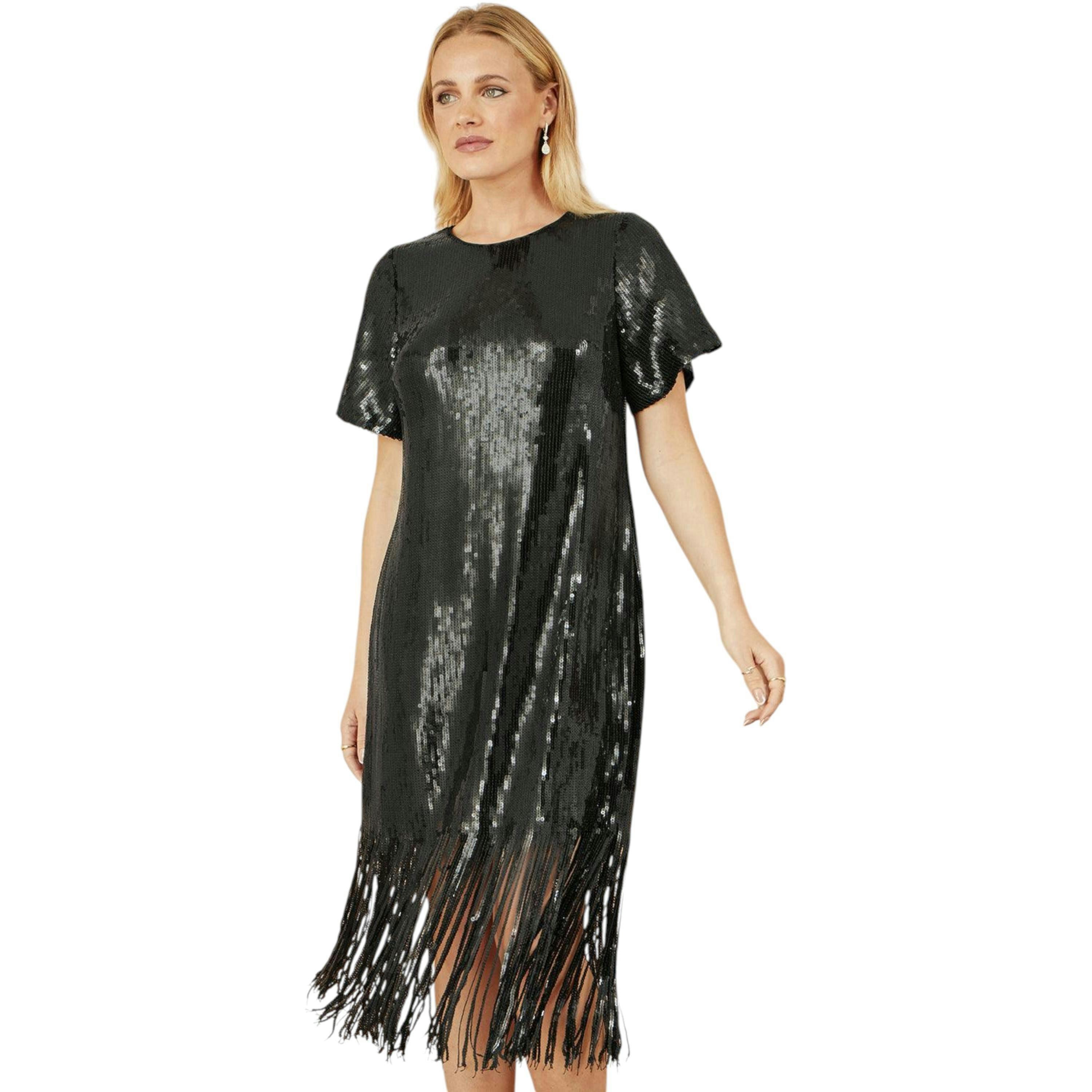 Yumi Black Sequin Tassels Hem Midi Tunic Dress , view 2 of 6